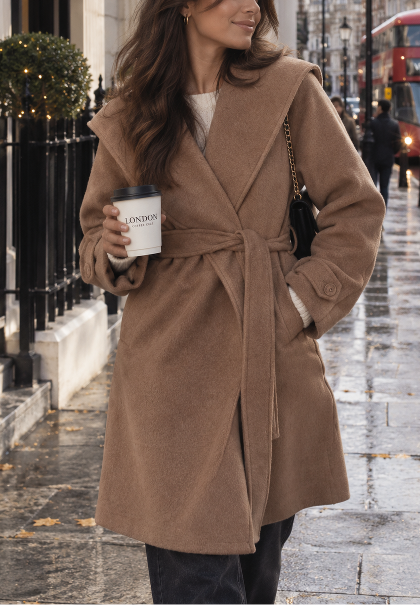 Camel Hooded Belted Wool Wrap Coat