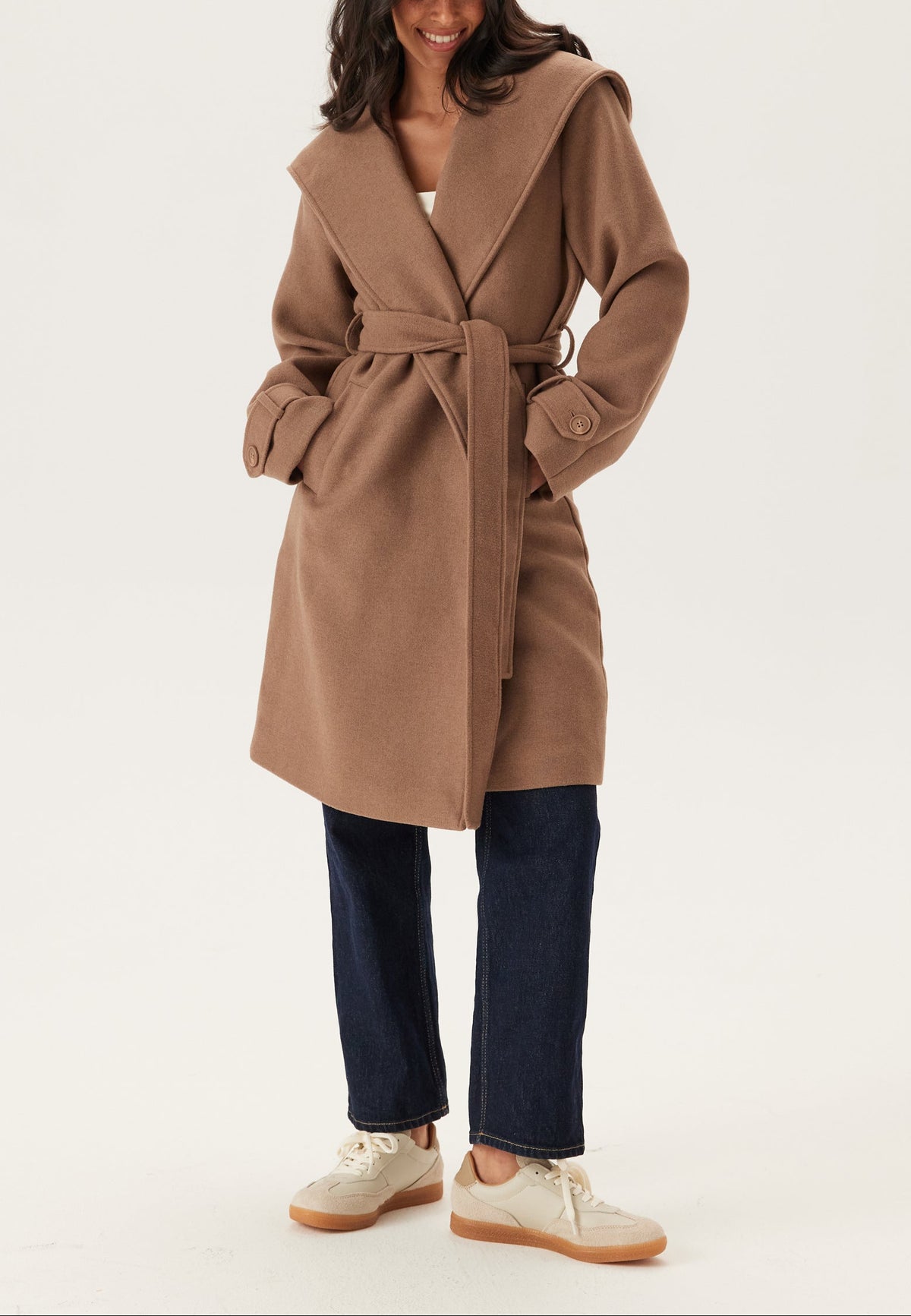 Camel Hooded Belted Wool Wrap Coat