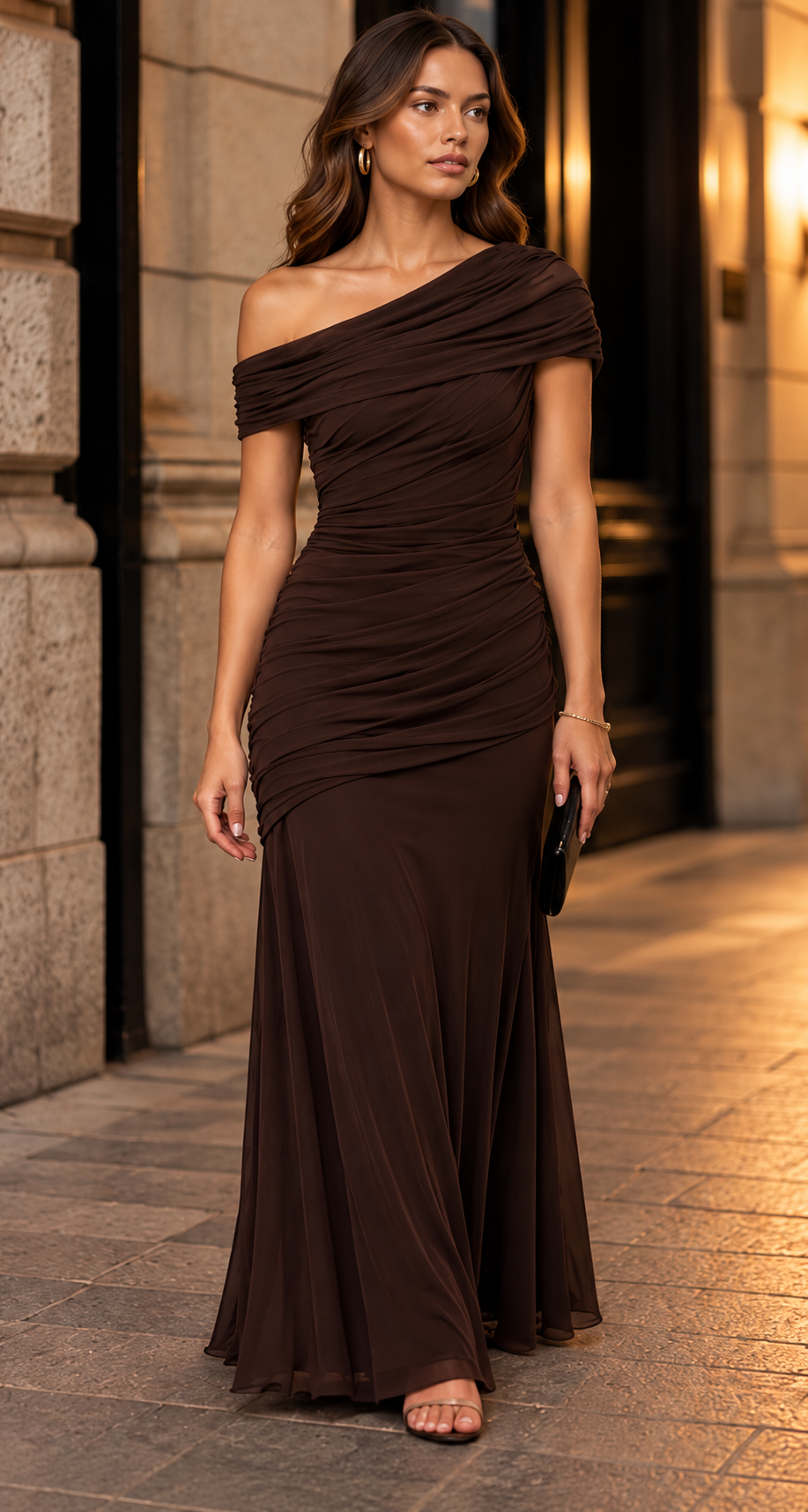 Off Shoulder Ruched Fishtail Maxi Dress