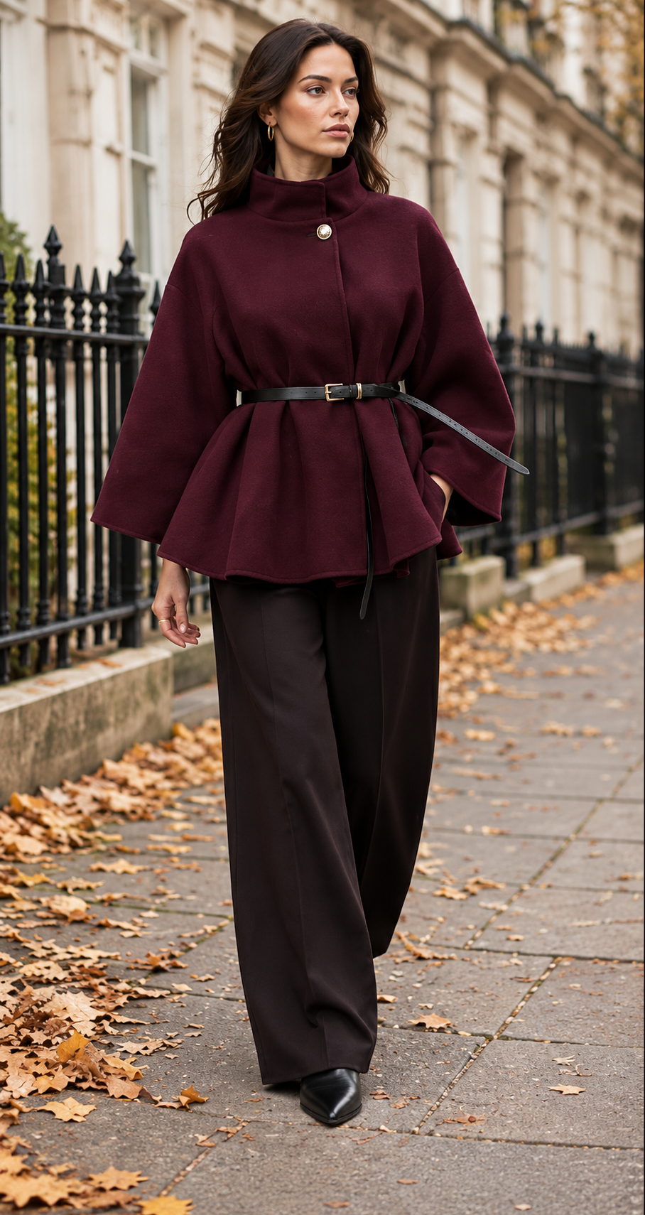 Burgundy Belted Wool Cape Coat