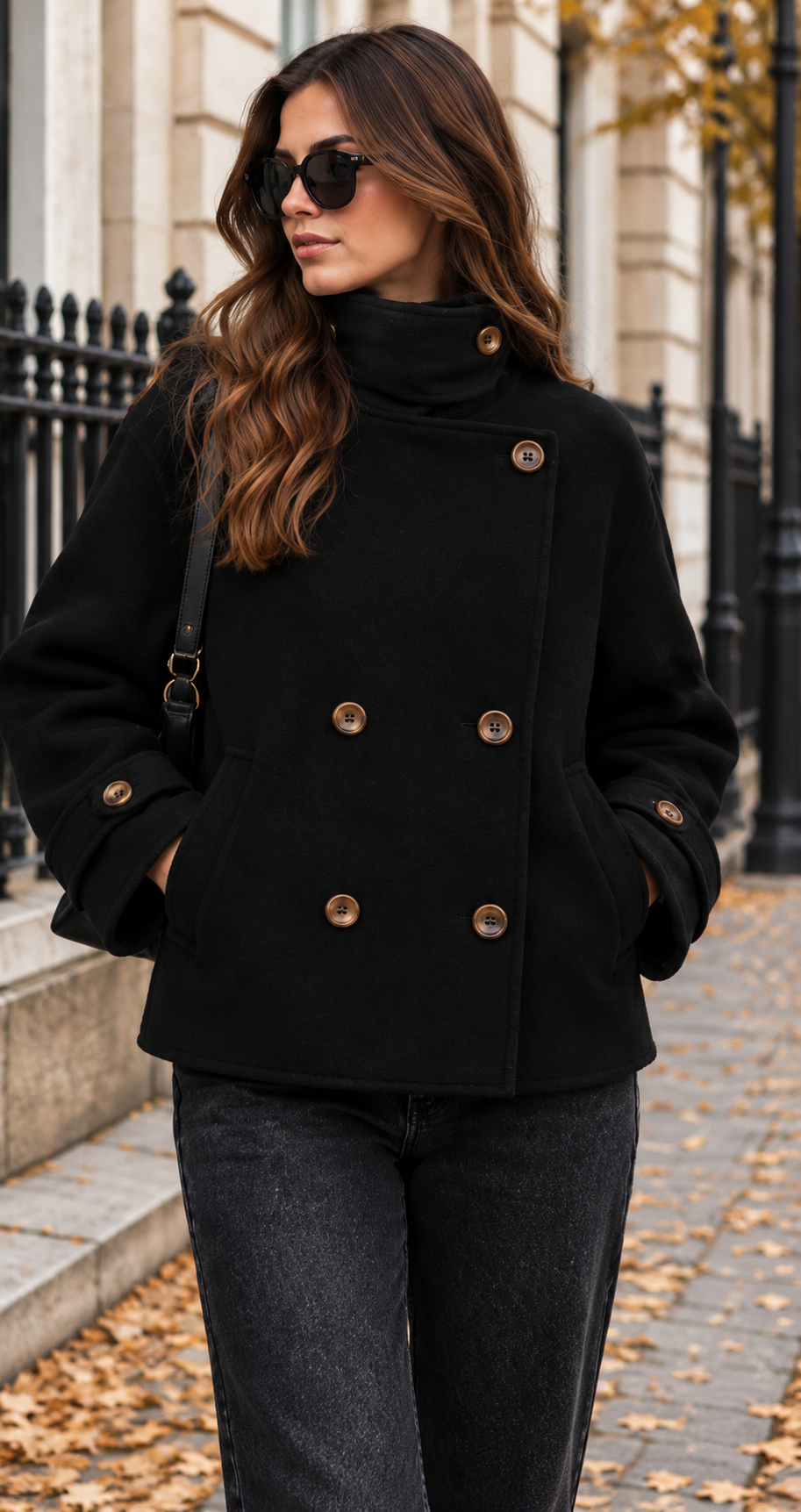 Black Short Double-Breasted Wool Coat
