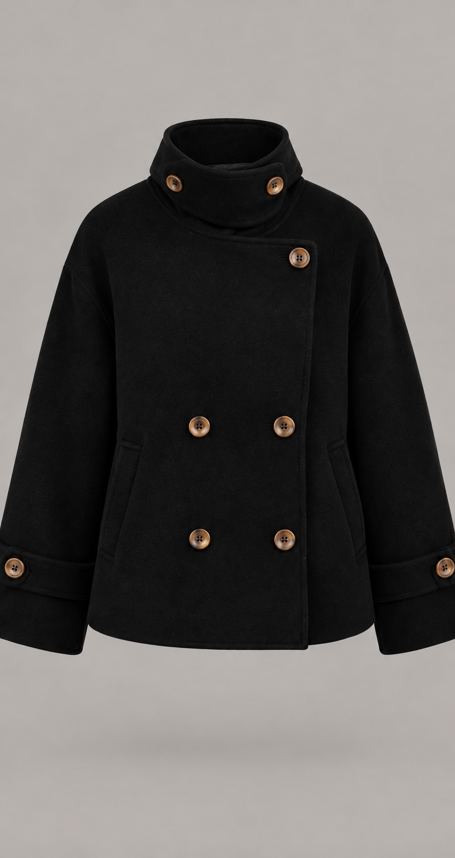 Black Short Double-Breasted Wool Coat