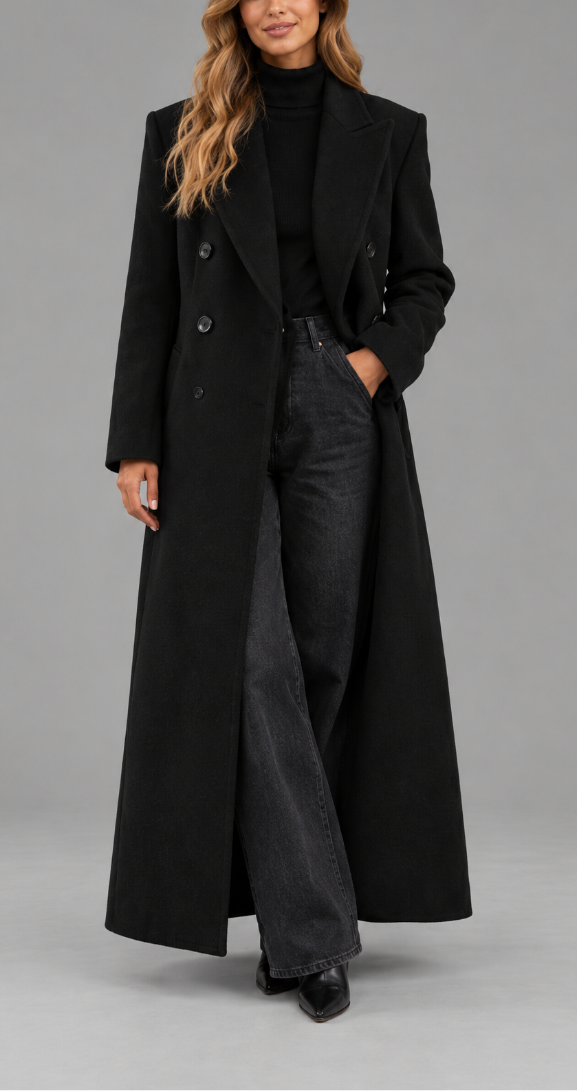 Black Longline Tailored Wool Coat