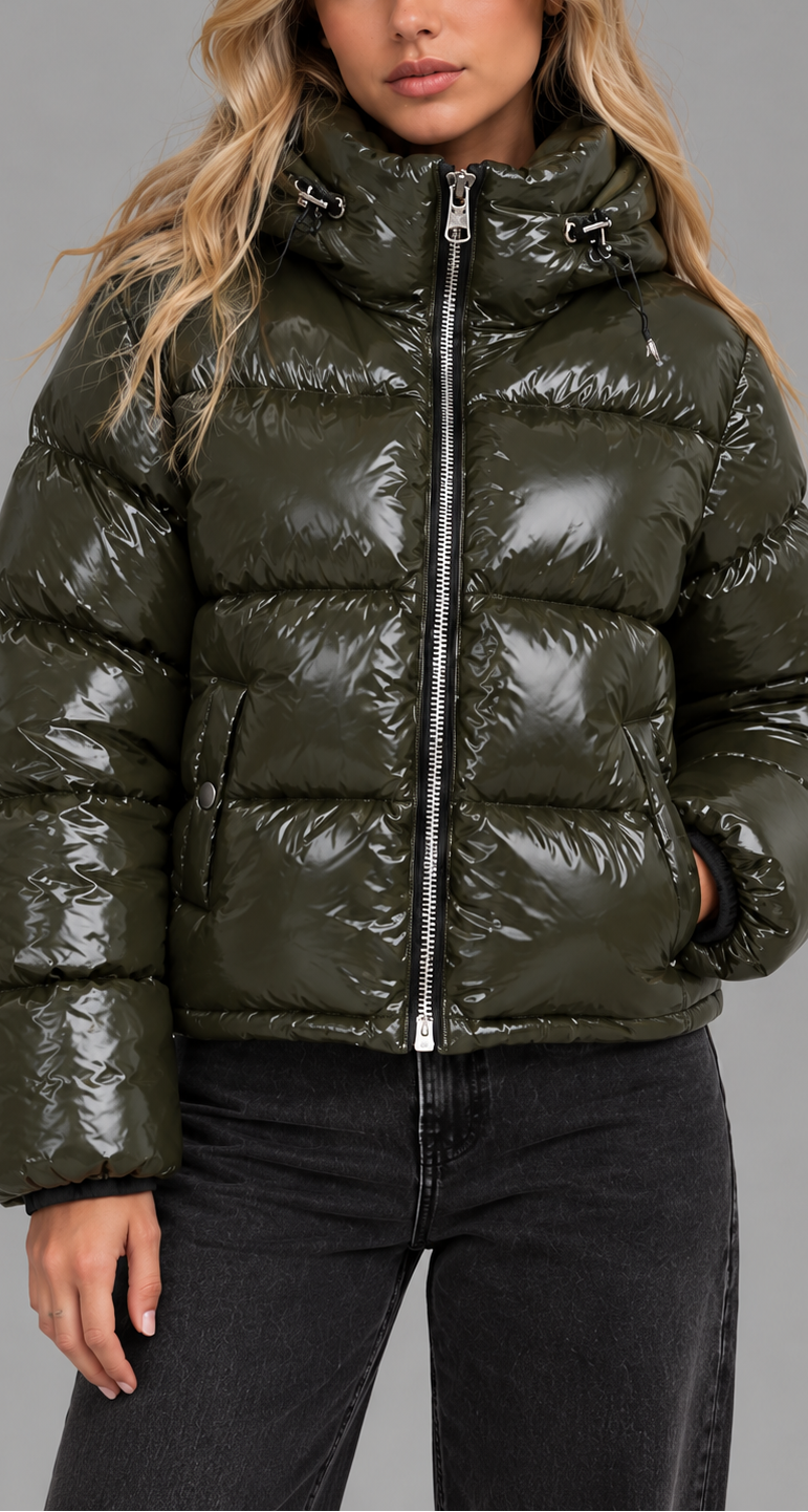 Khaki Glossy Hooded Puffer Jacket