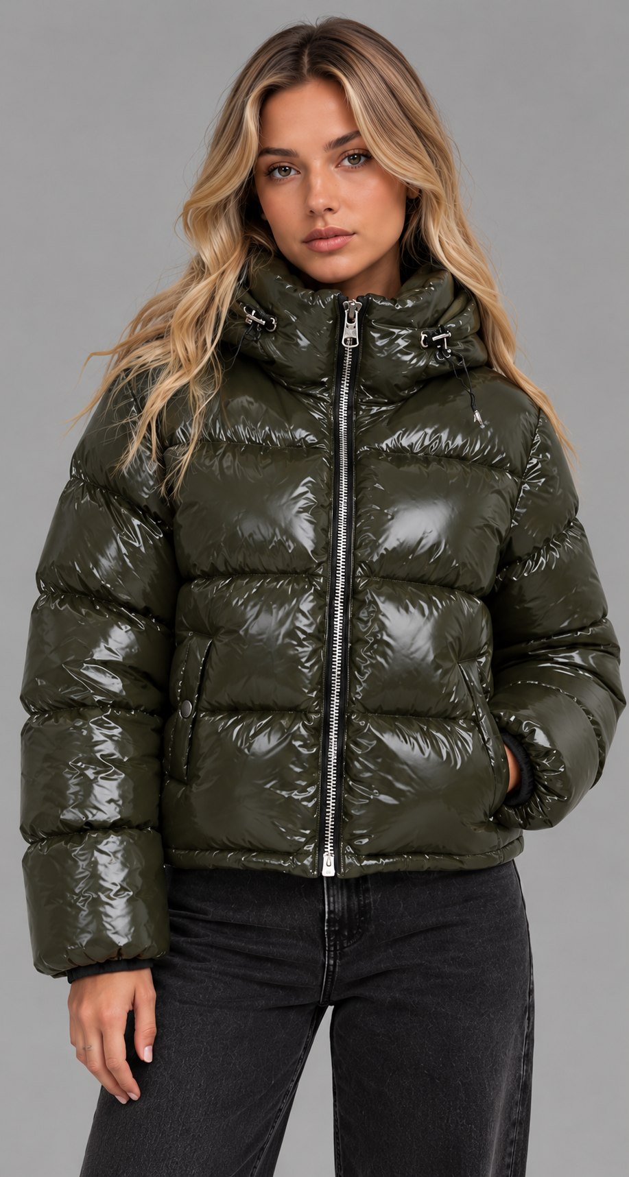Khaki Glossy Hooded Puffer Jacket