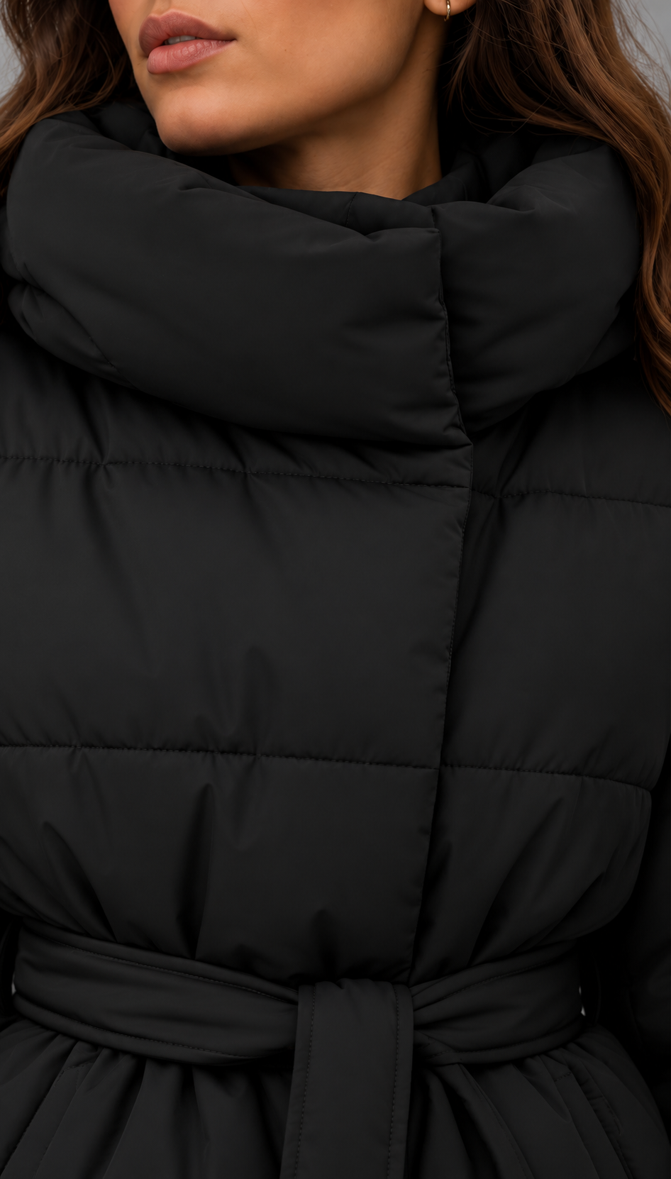 Black Belted Funnel Neck Puffer Jacket