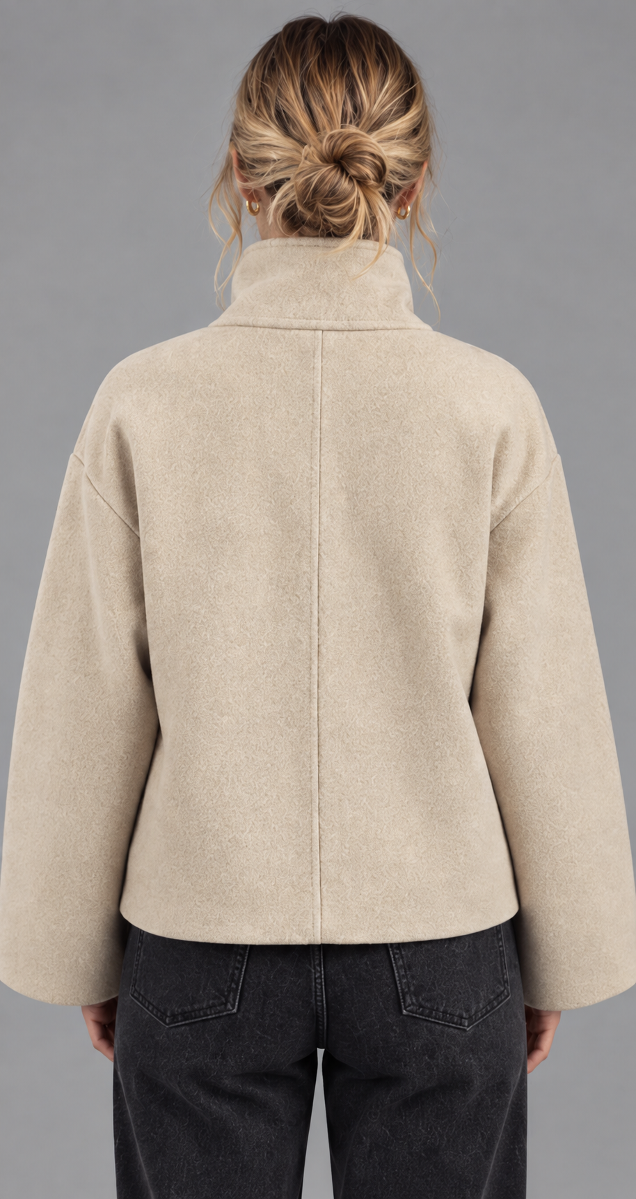 Beige Funnel Neck Button Wool Coat