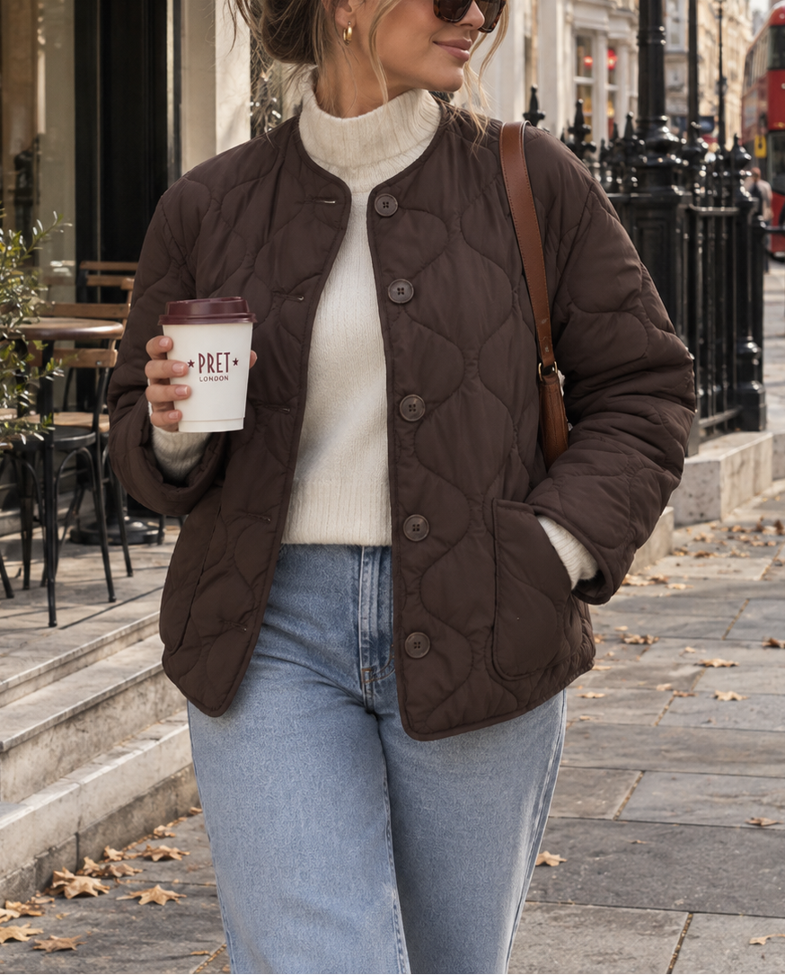Brown Collarless Quilted Jacket