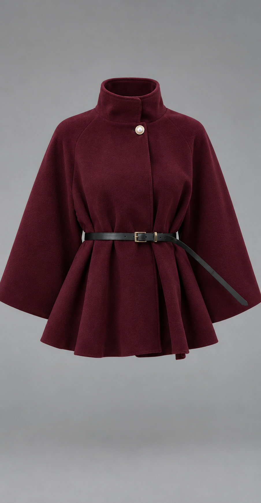 Burgundy Belted Wool Cape Coat