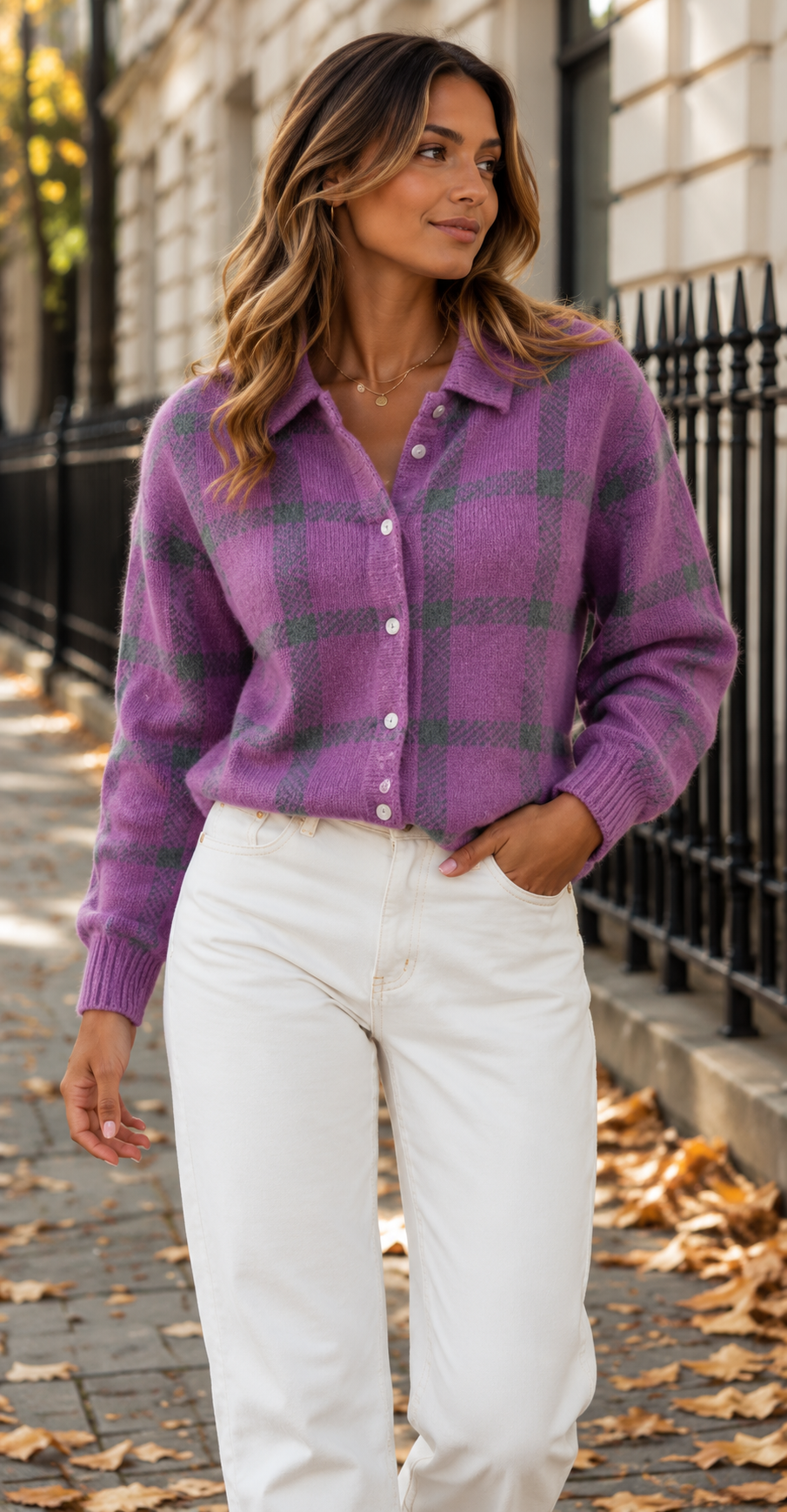 Checked Collared Knit Cardigan