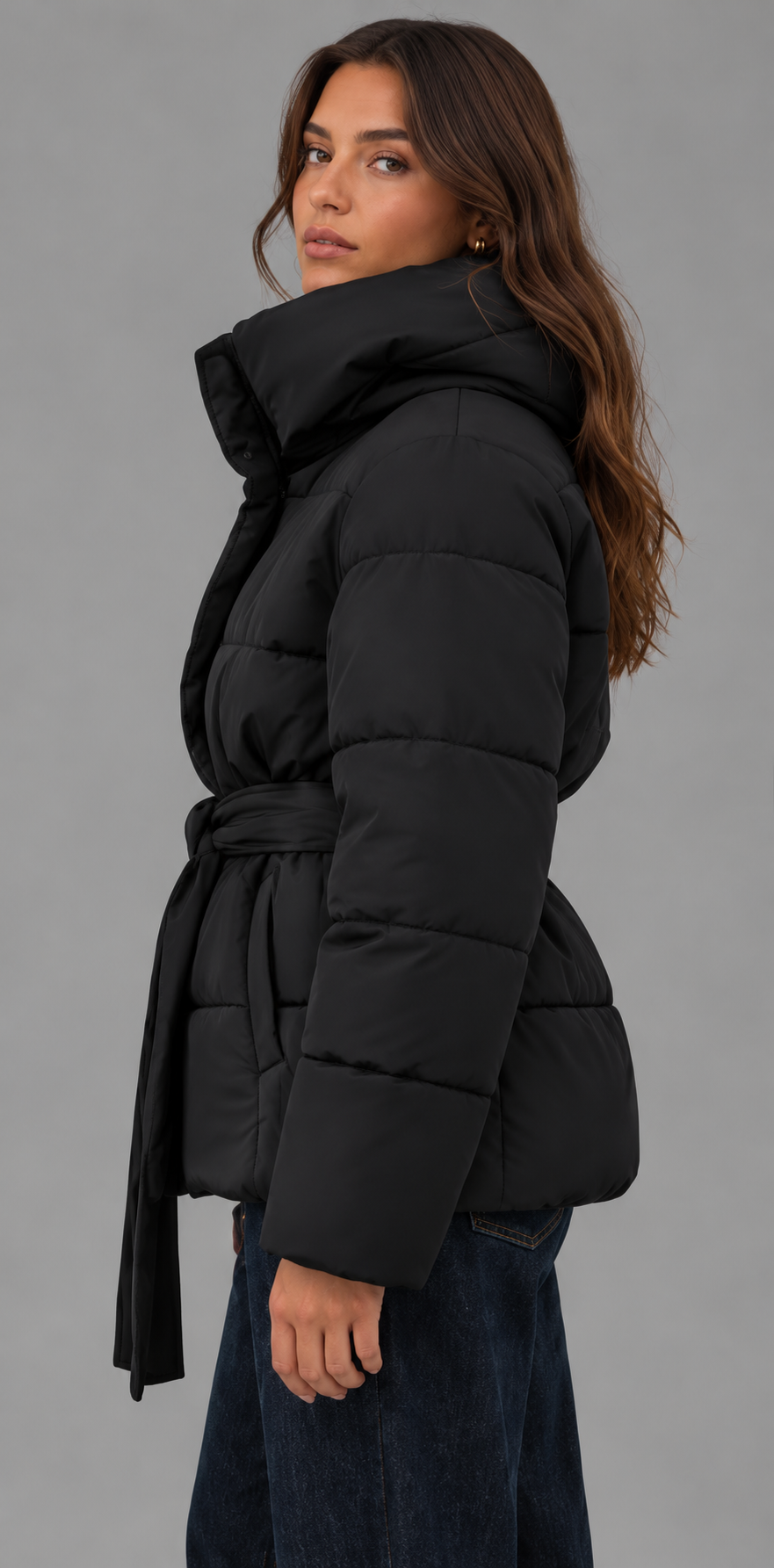 Black Belted Funnel Neck Puffer Jacket