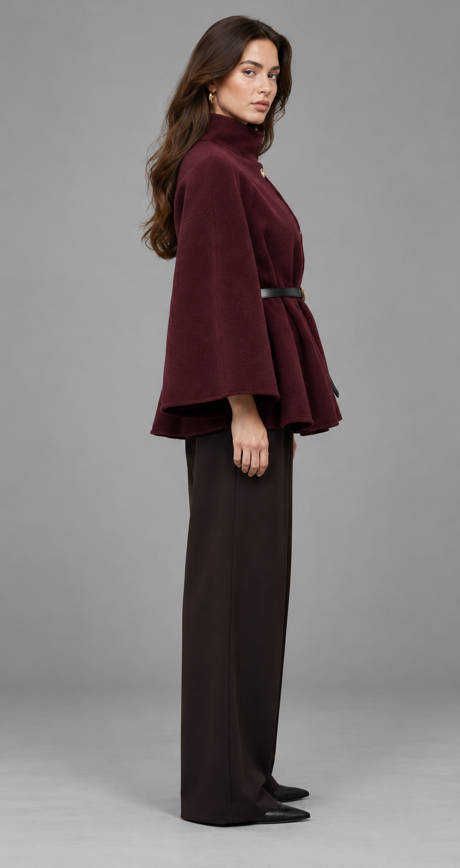 Burgundy Belted Wool Cape Coat