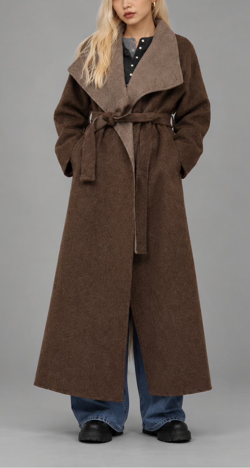Brown Longline Belted Wrap Wool Coat