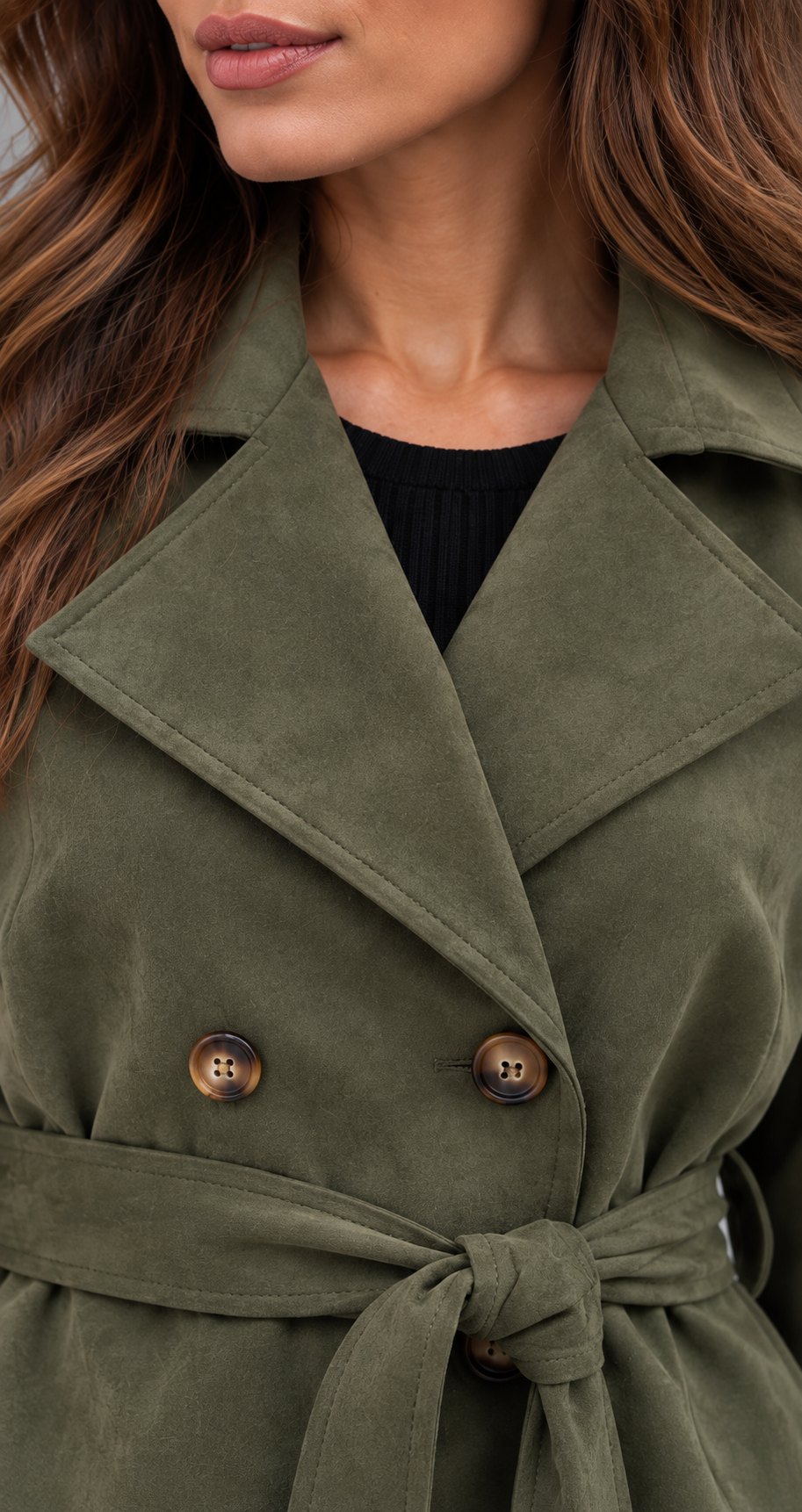 Khaki Suede Cropped Belted Trench Jacket