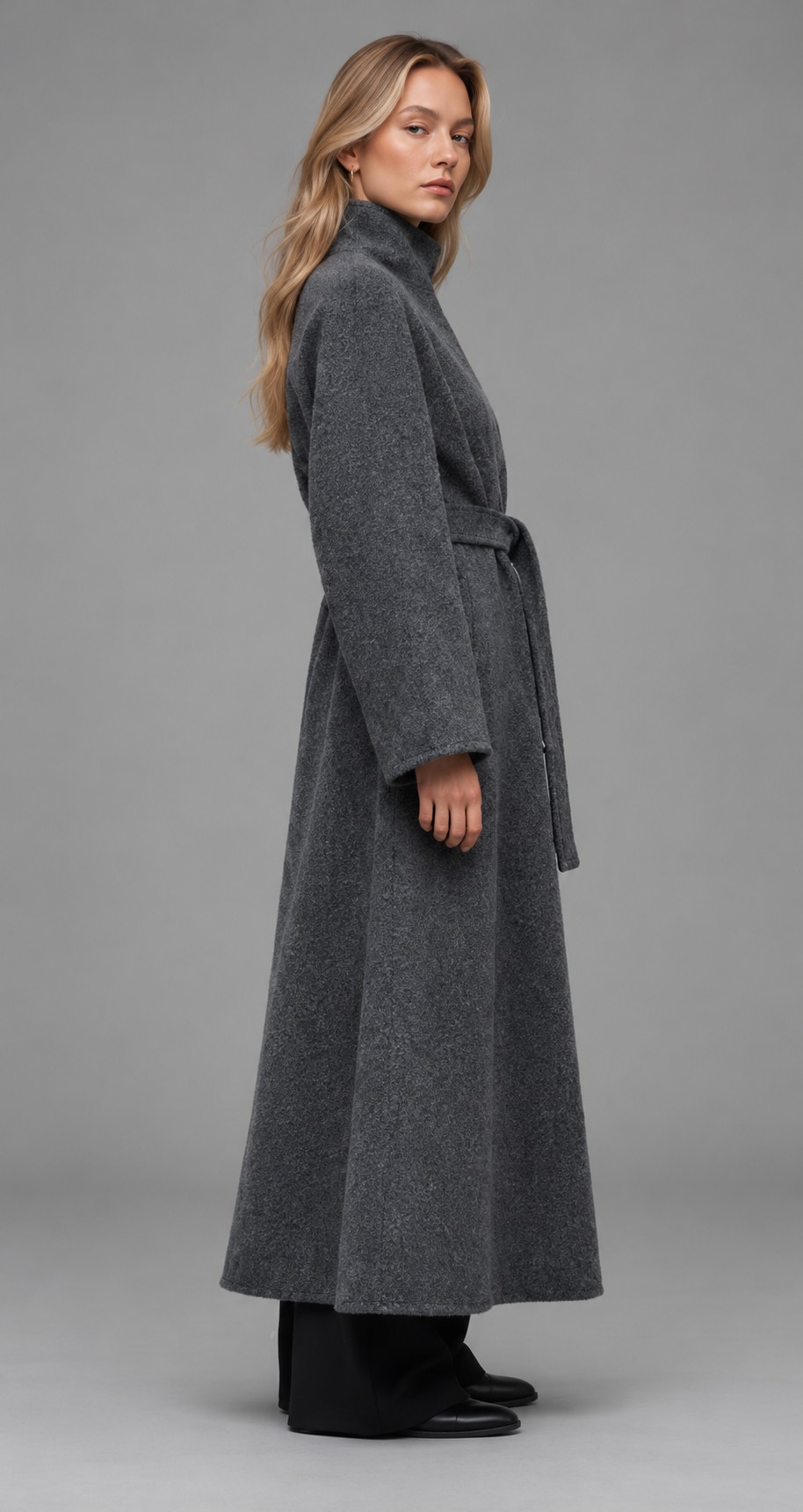 Grey Longline Belted Wool Coat