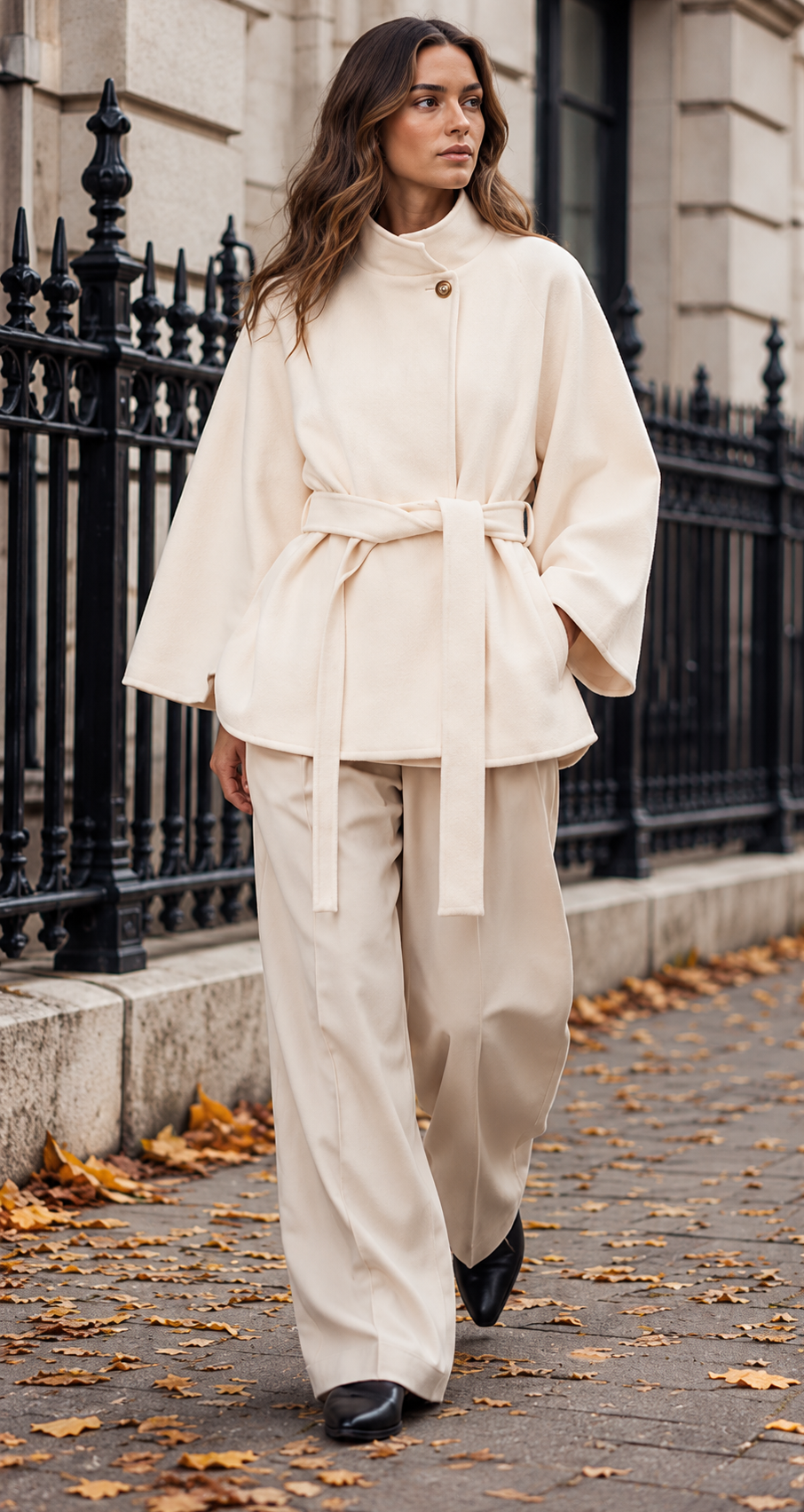Cream Belted Wool Cape Coat