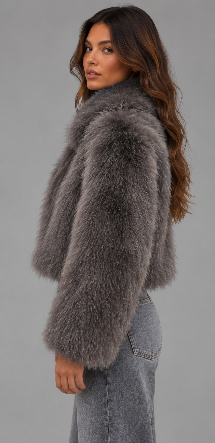 Grey Cropped Faux Fur Jacket