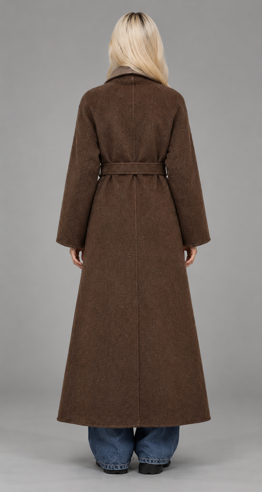 Brown Longline Belted Wrap Wool Coat