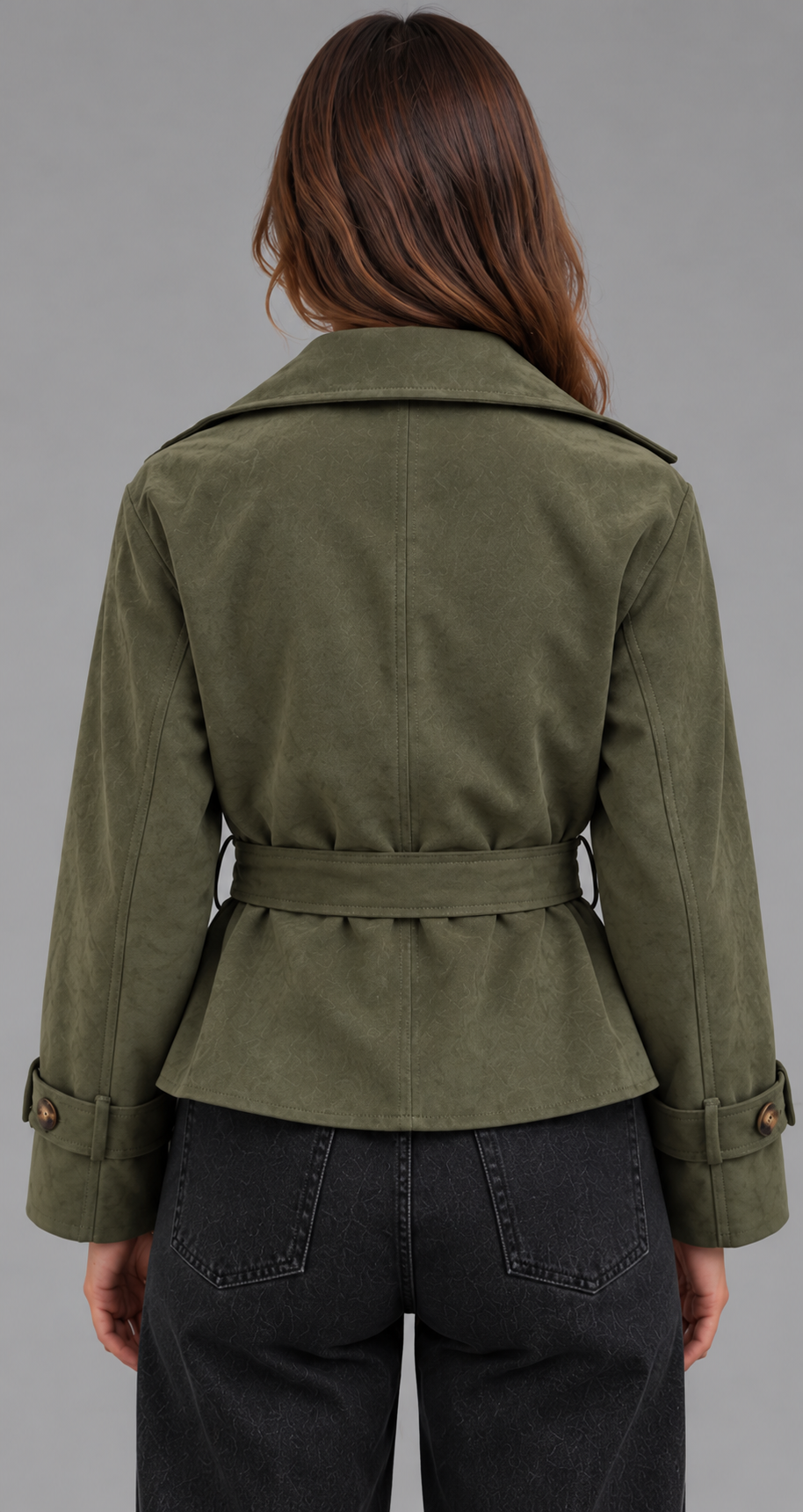 Khaki Suede Cropped Belted Trench Jacket