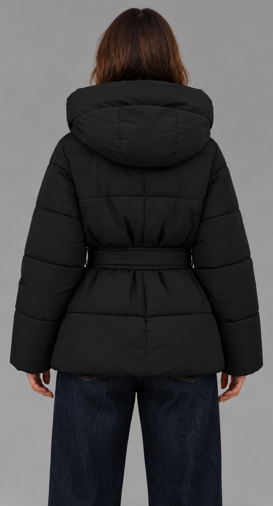 Black Belted Funnel Neck Puffer Jacket