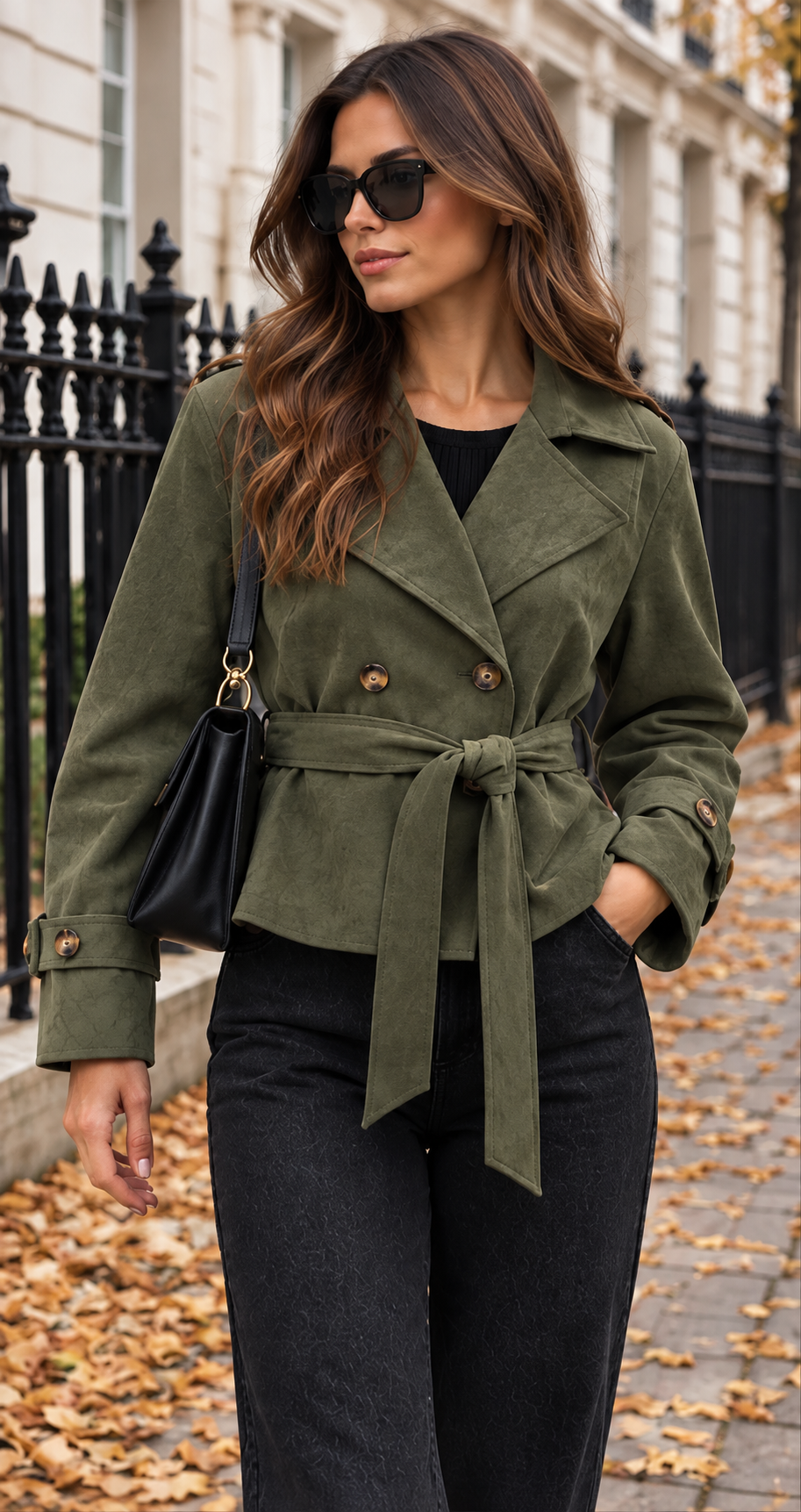 Khaki Suede Cropped Belted Trench Jacket