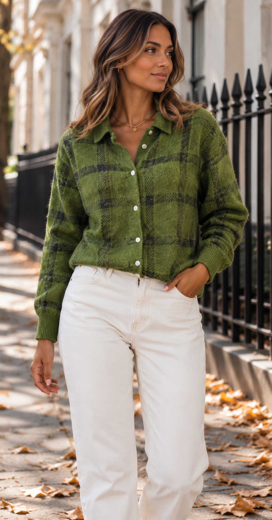 Checked Collared Knit Cardigan