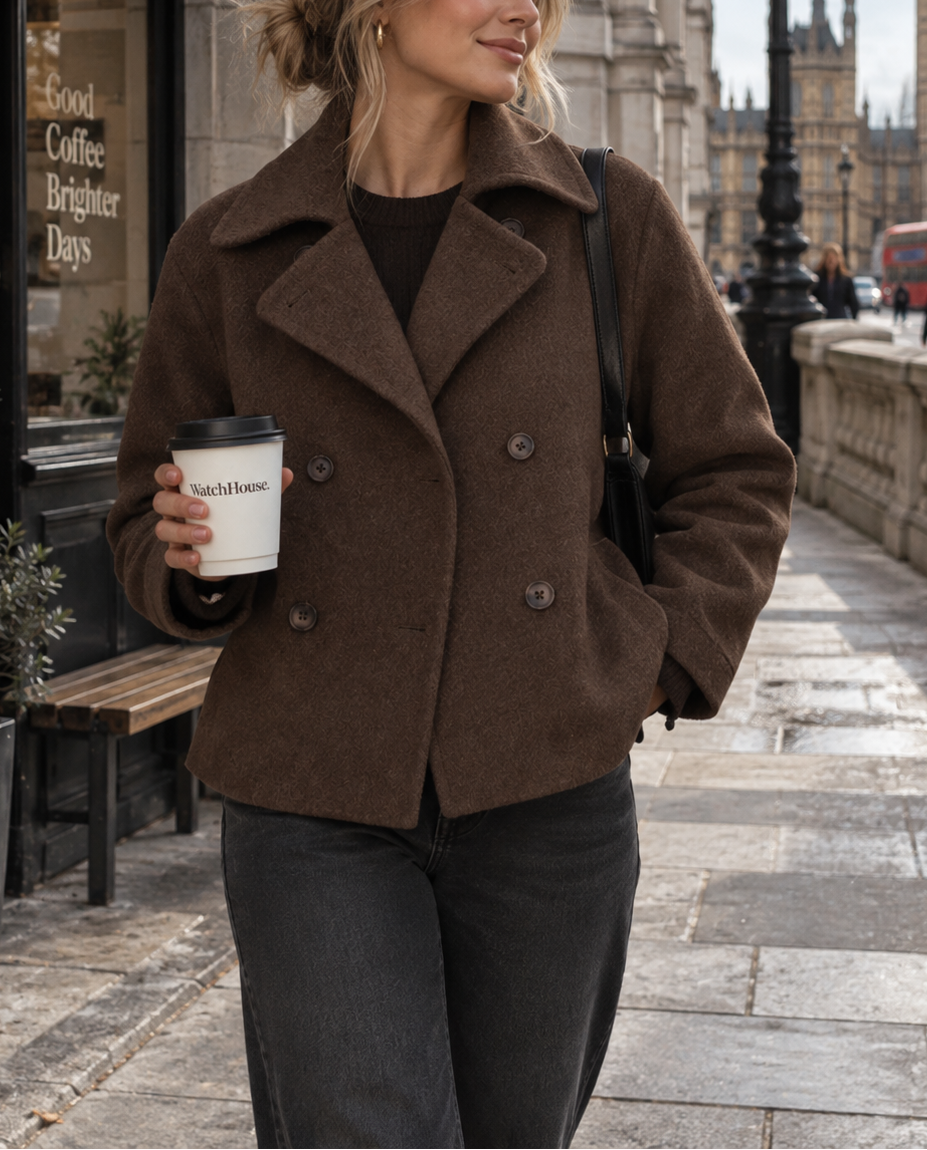 Brown Double-Breasted Wool Peacoat