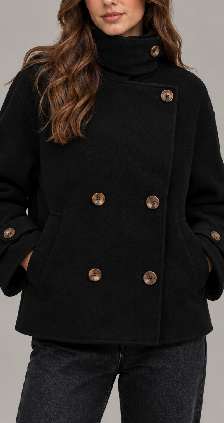 Black Short Double-Breasted Wool Coat