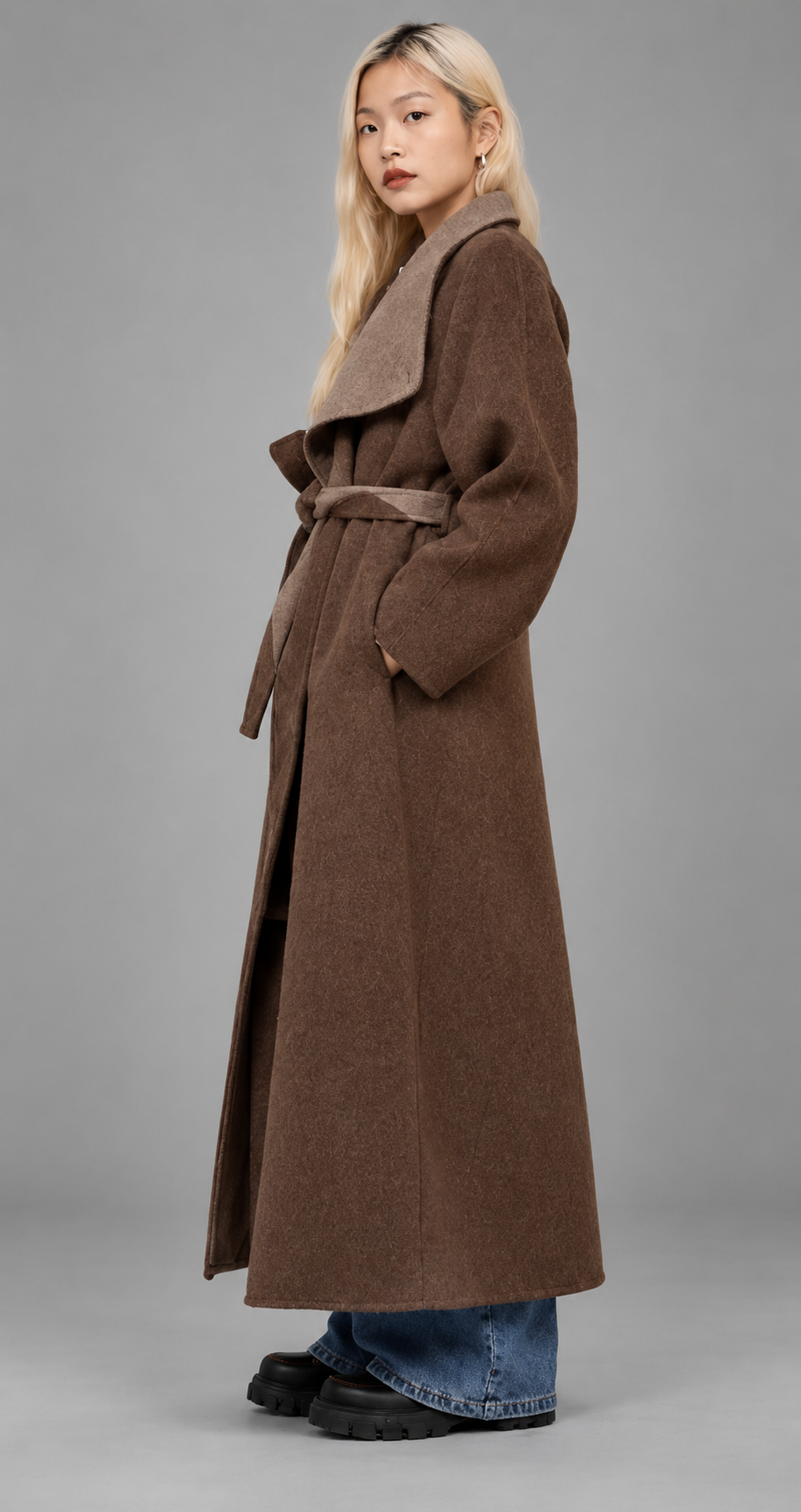 Brown Longline Belted Wrap Wool Coat