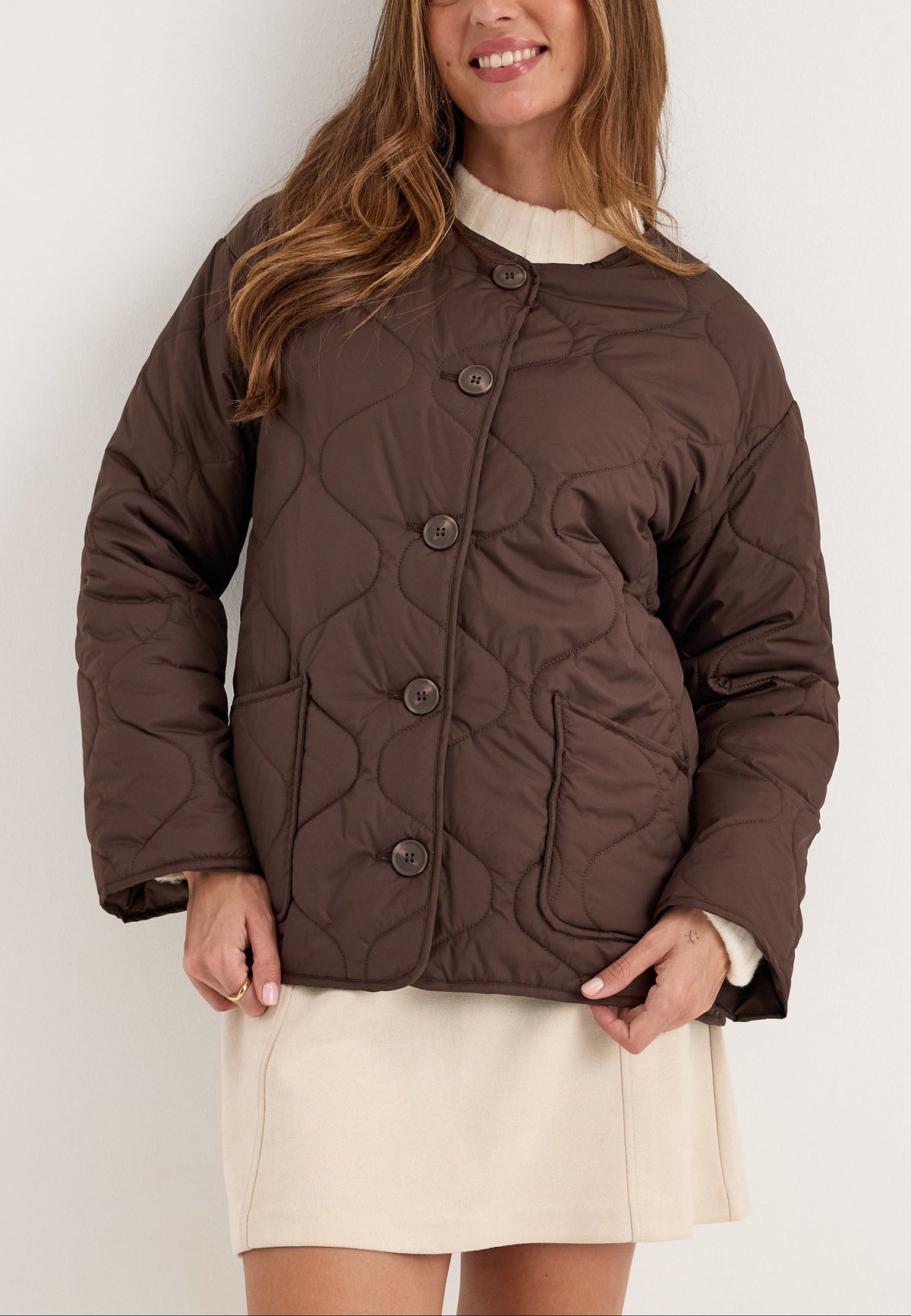 Brown Collarless Quilted Jacket