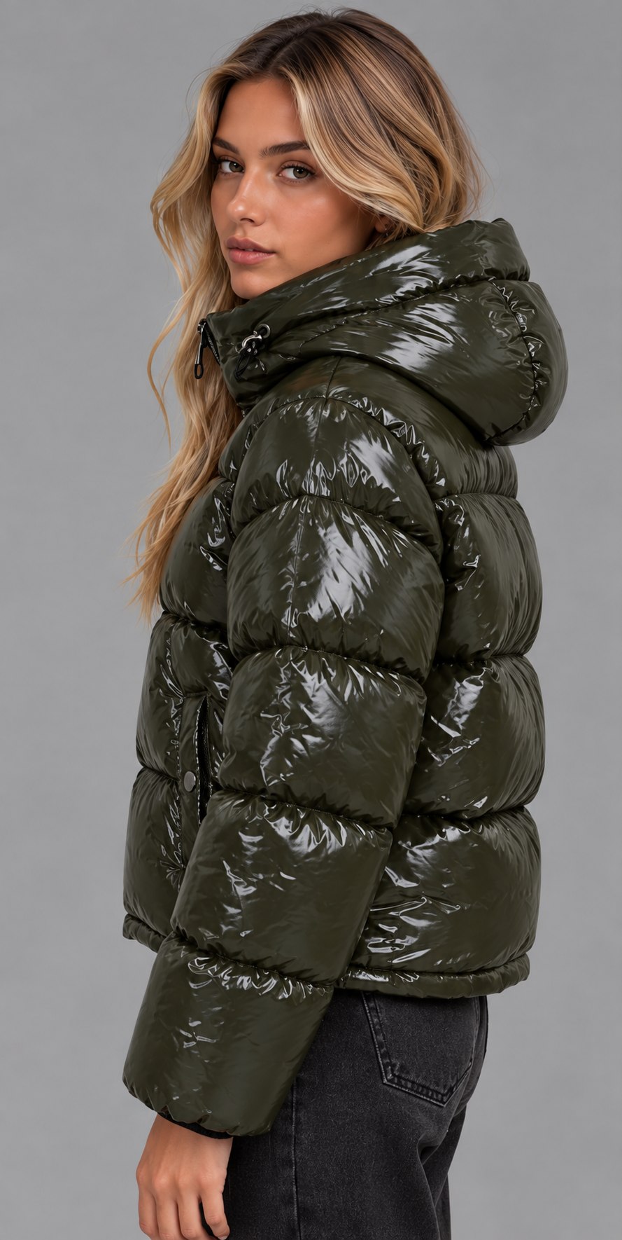 Khaki Glossy Hooded Puffer Jacket