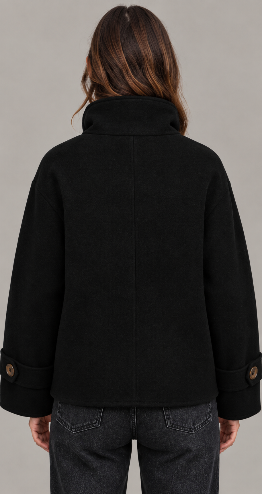 Black Short Double-Breasted Wool Coat