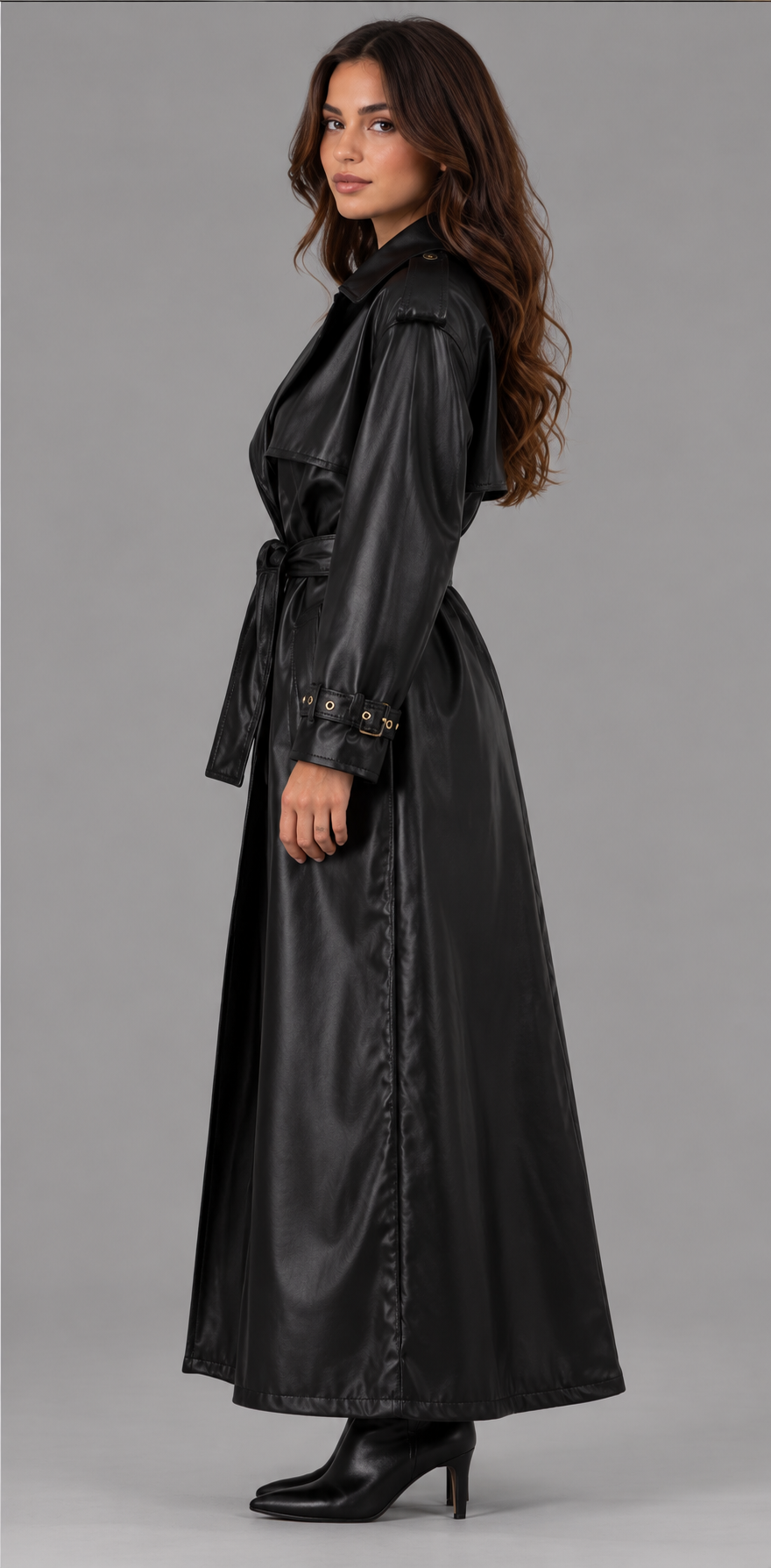 Black Faux Leather Belted Trench Coat