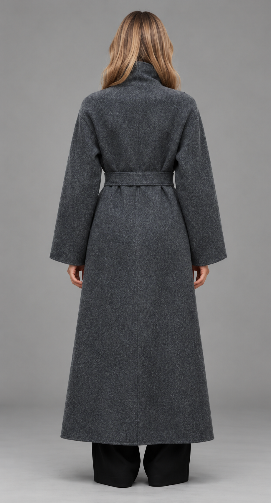 Grey Longline Belted Wool Coat