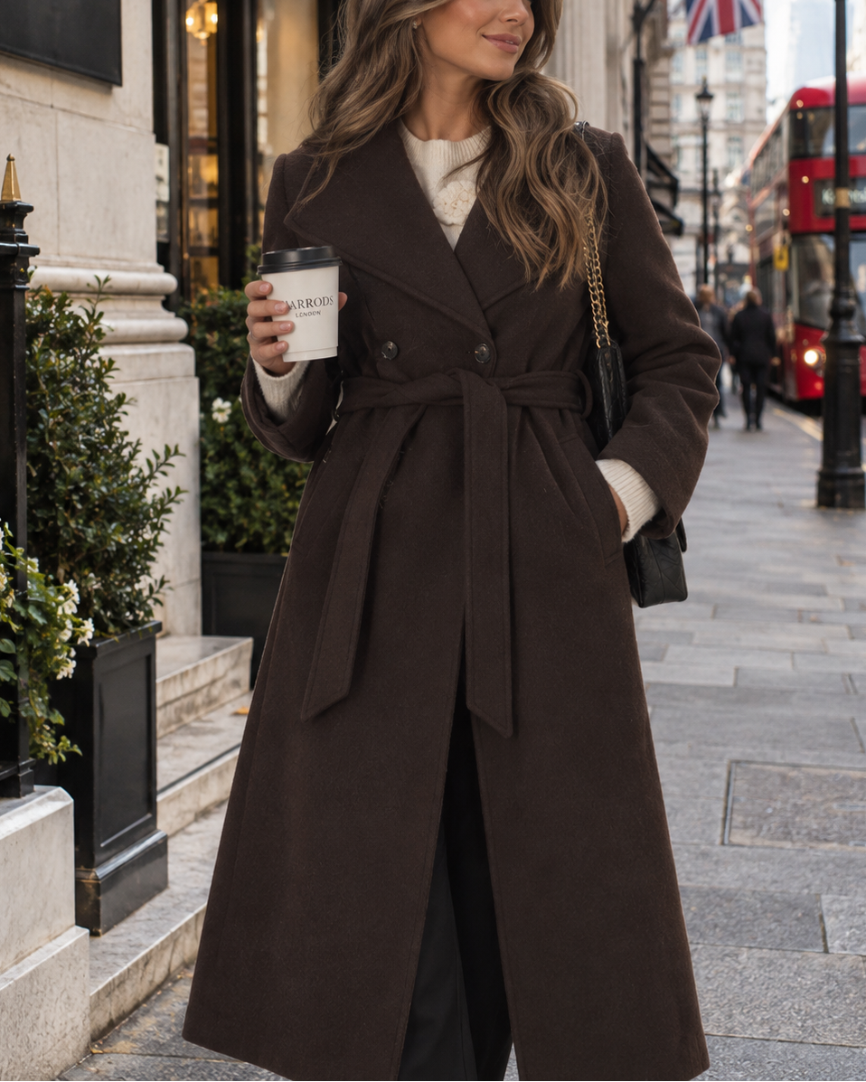 Brown Longline Belted Wool Coat
