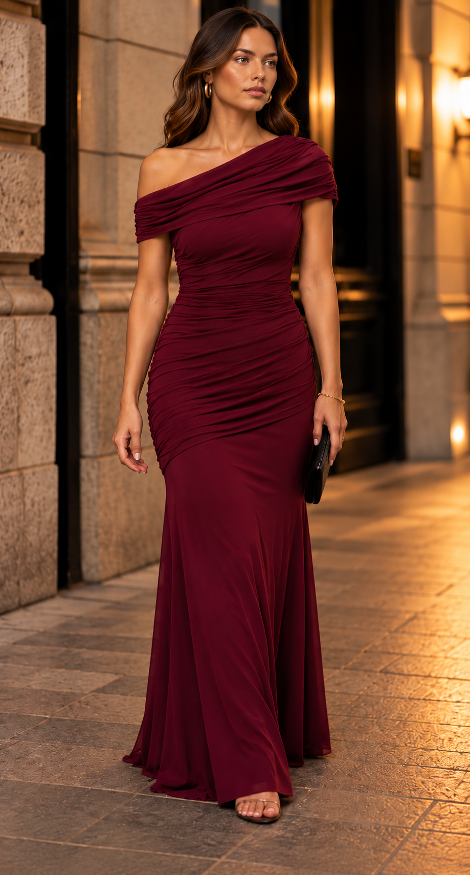 Off Shoulder Ruched Fishtail Maxi Dress
