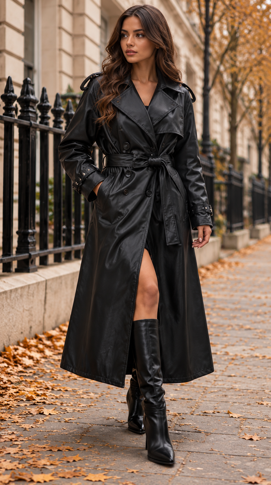 Black Faux Leather Belted Trench Coat