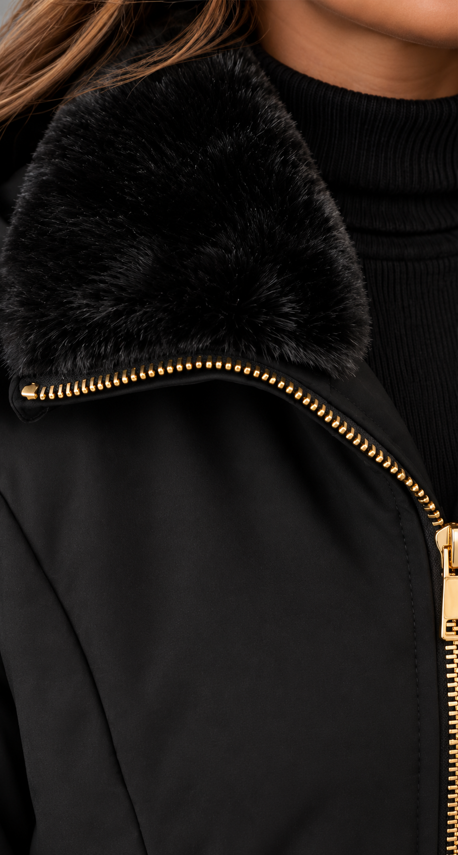 Faux Fur Collar Zip Up Coat