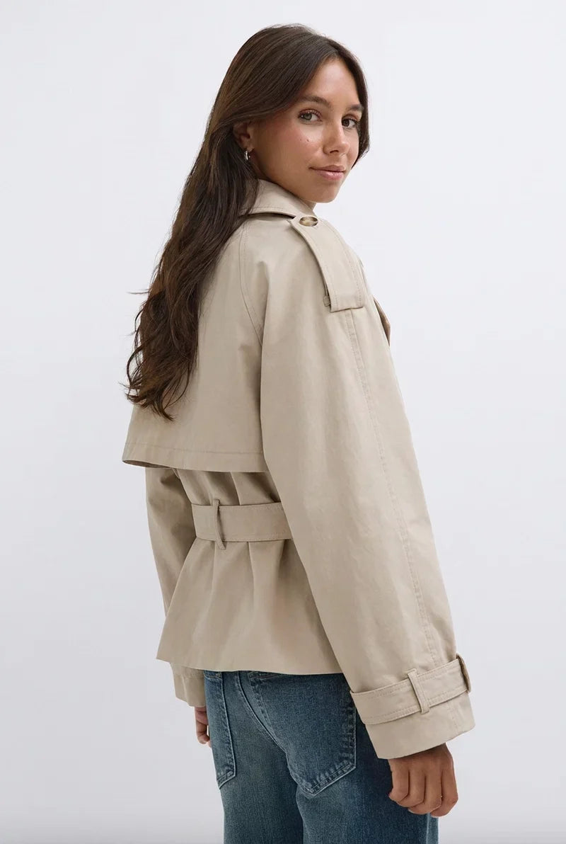 Stone Cropped Belted Trench Jacket