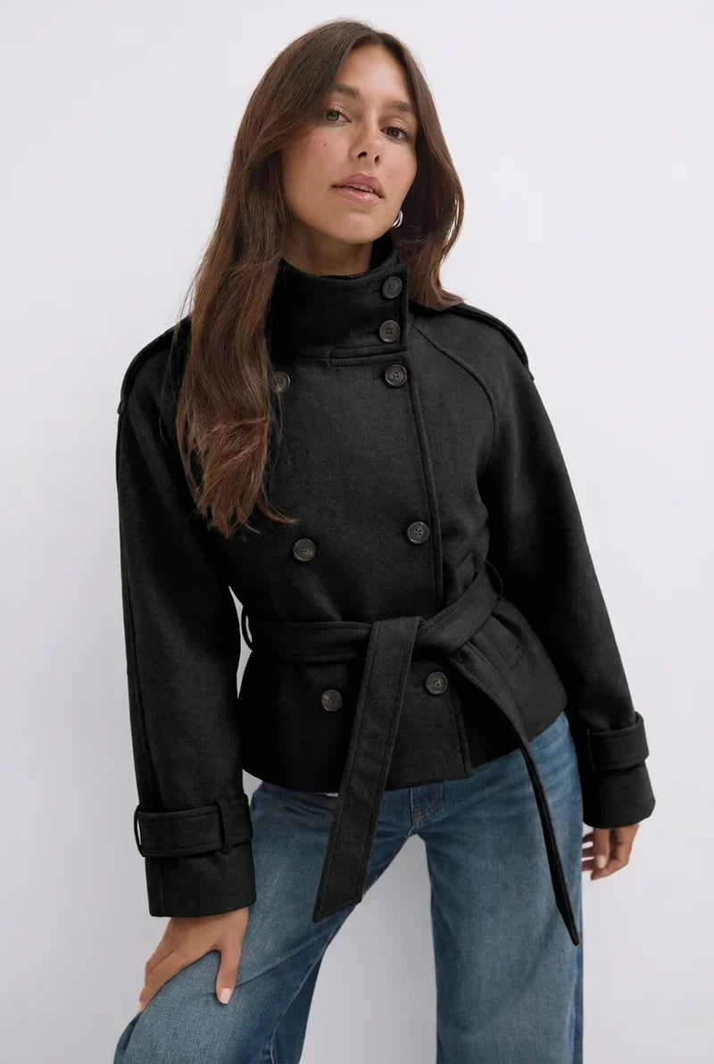 Black Cropped Belted Wool Jacket