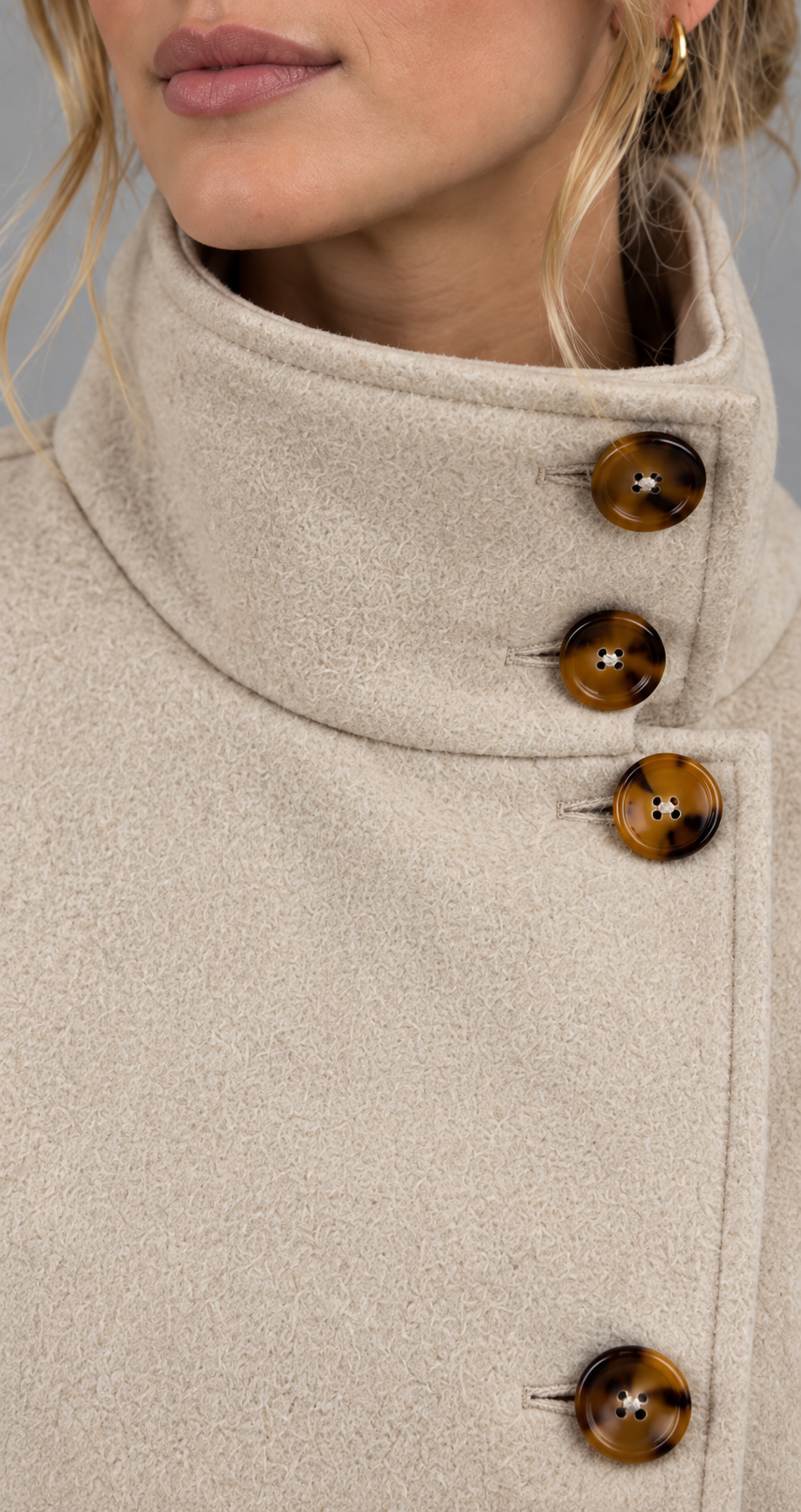 Beige Funnel Neck Button Wool Coat