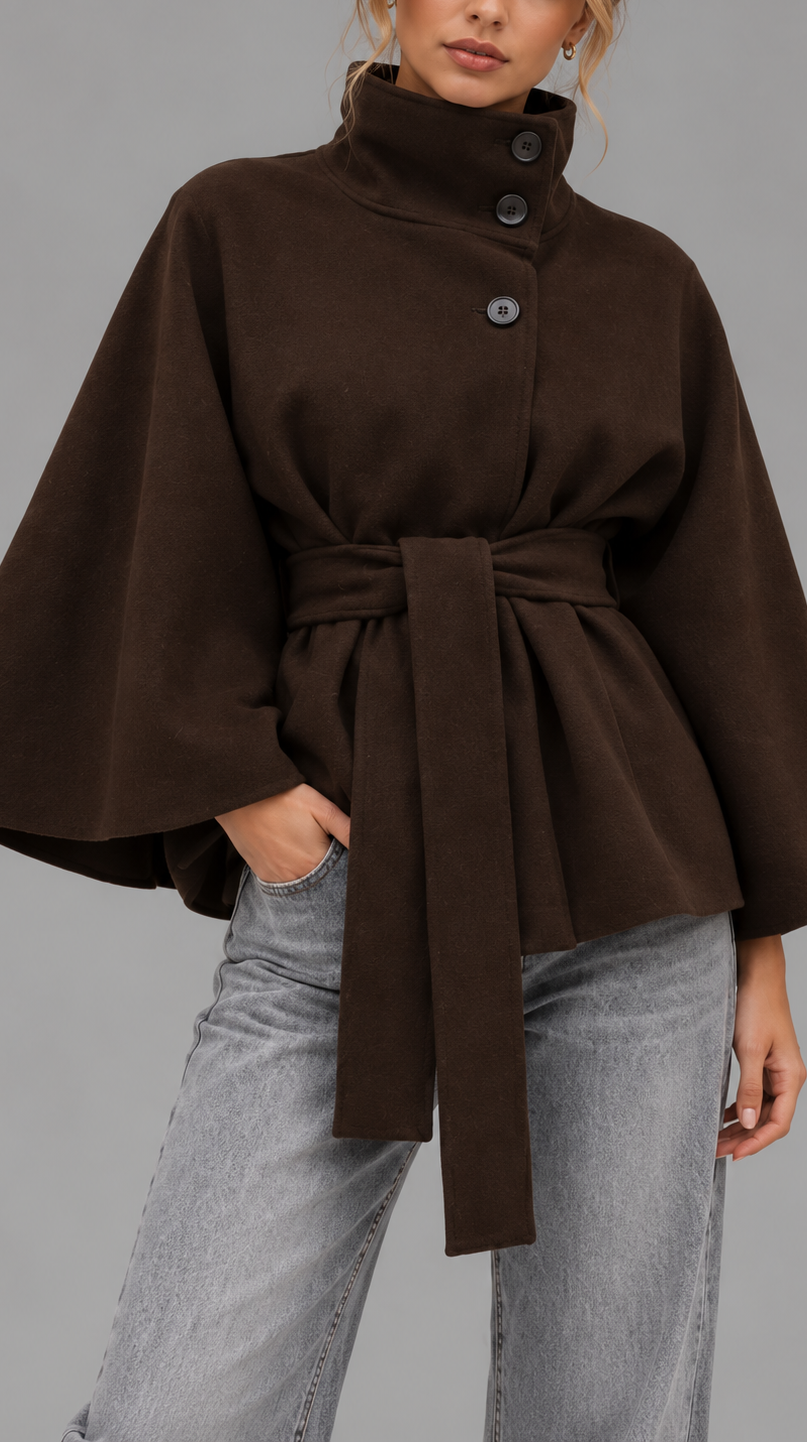 Brown Belted Wool Cape Coat