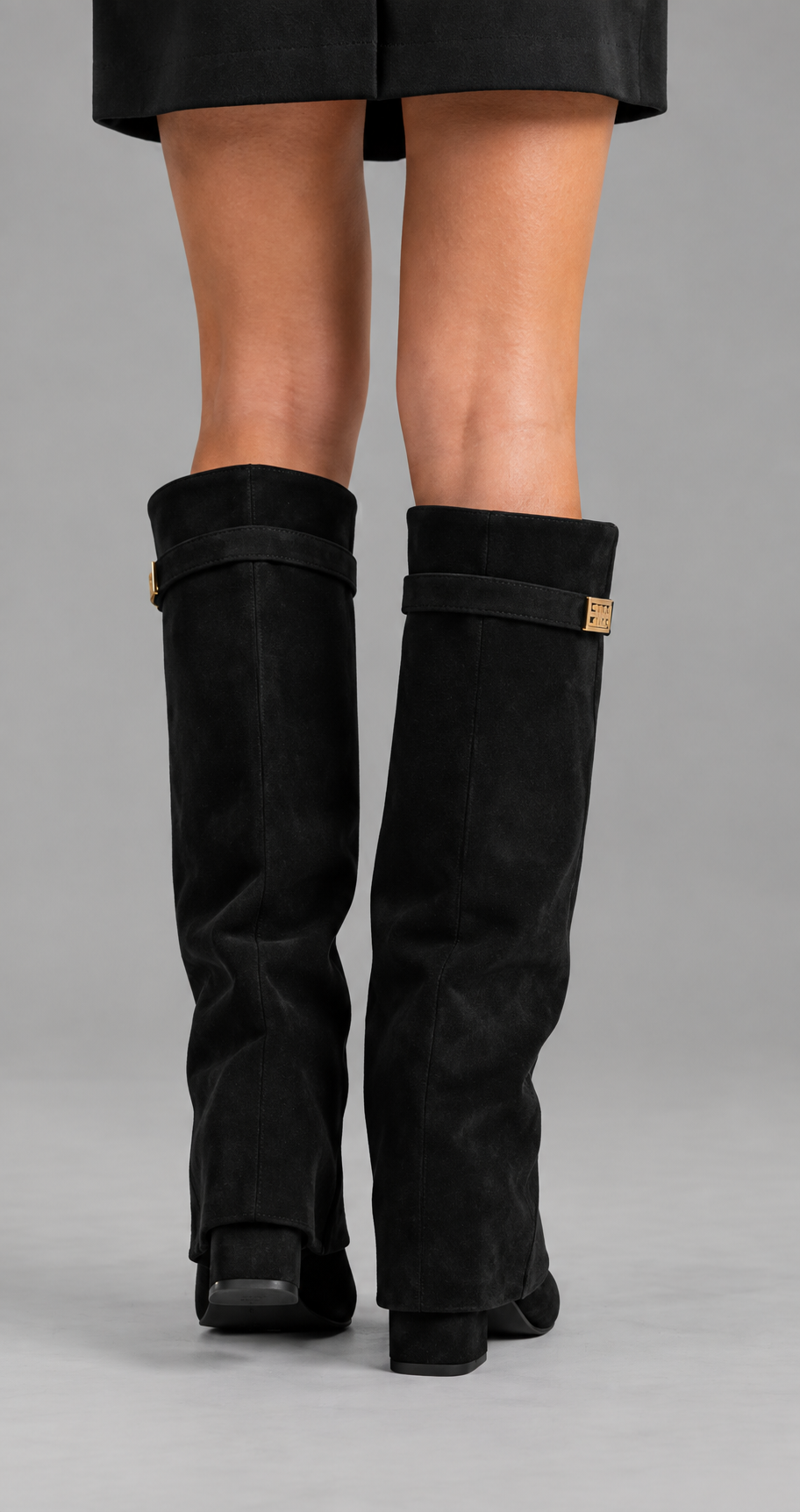 Black Suede Fold-Over Knee High Boots