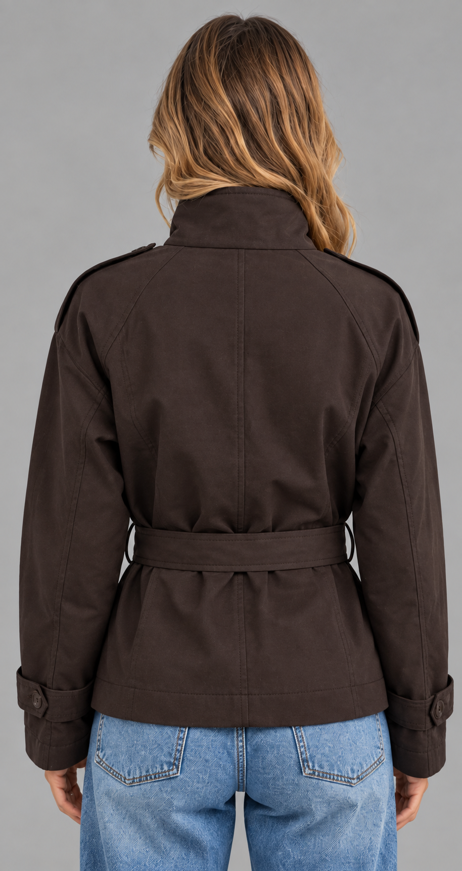 Brown Short Belted Trench Jacket