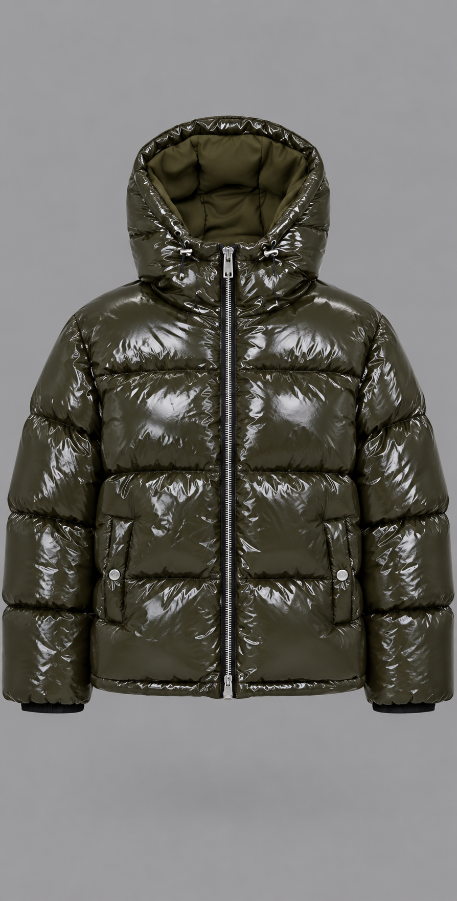 Khaki Glossy Hooded Puffer Jacket