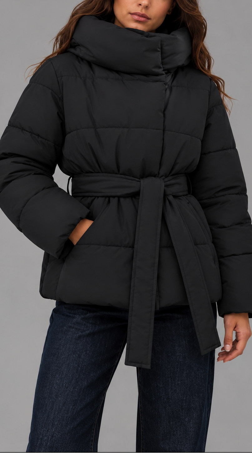 Black Belted Funnel Neck Puffer Jacket