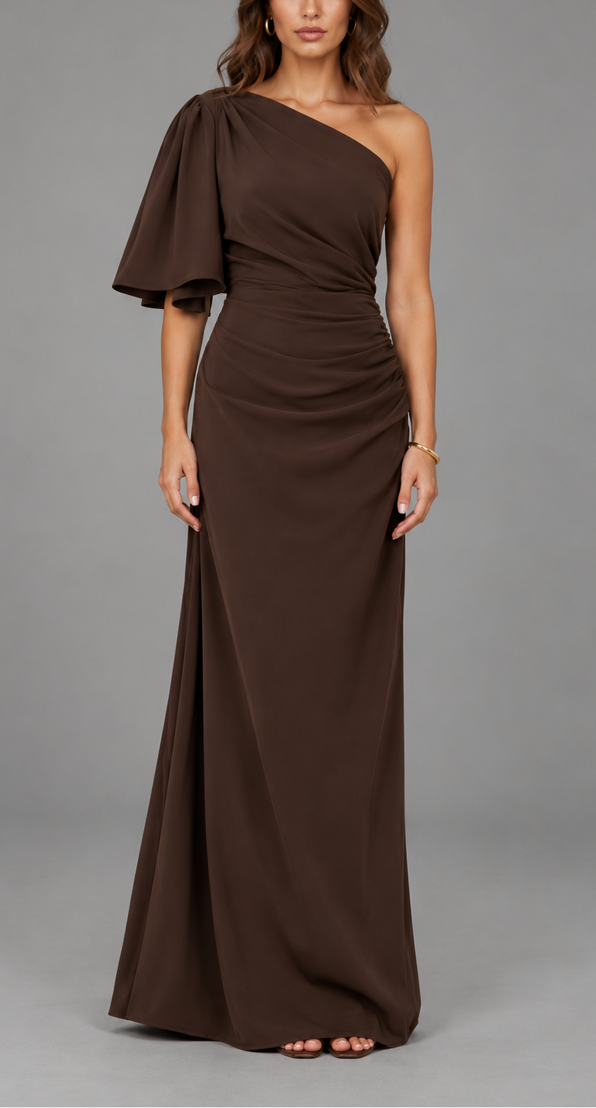 One Shoulder Draped Flutter Maxi Dress