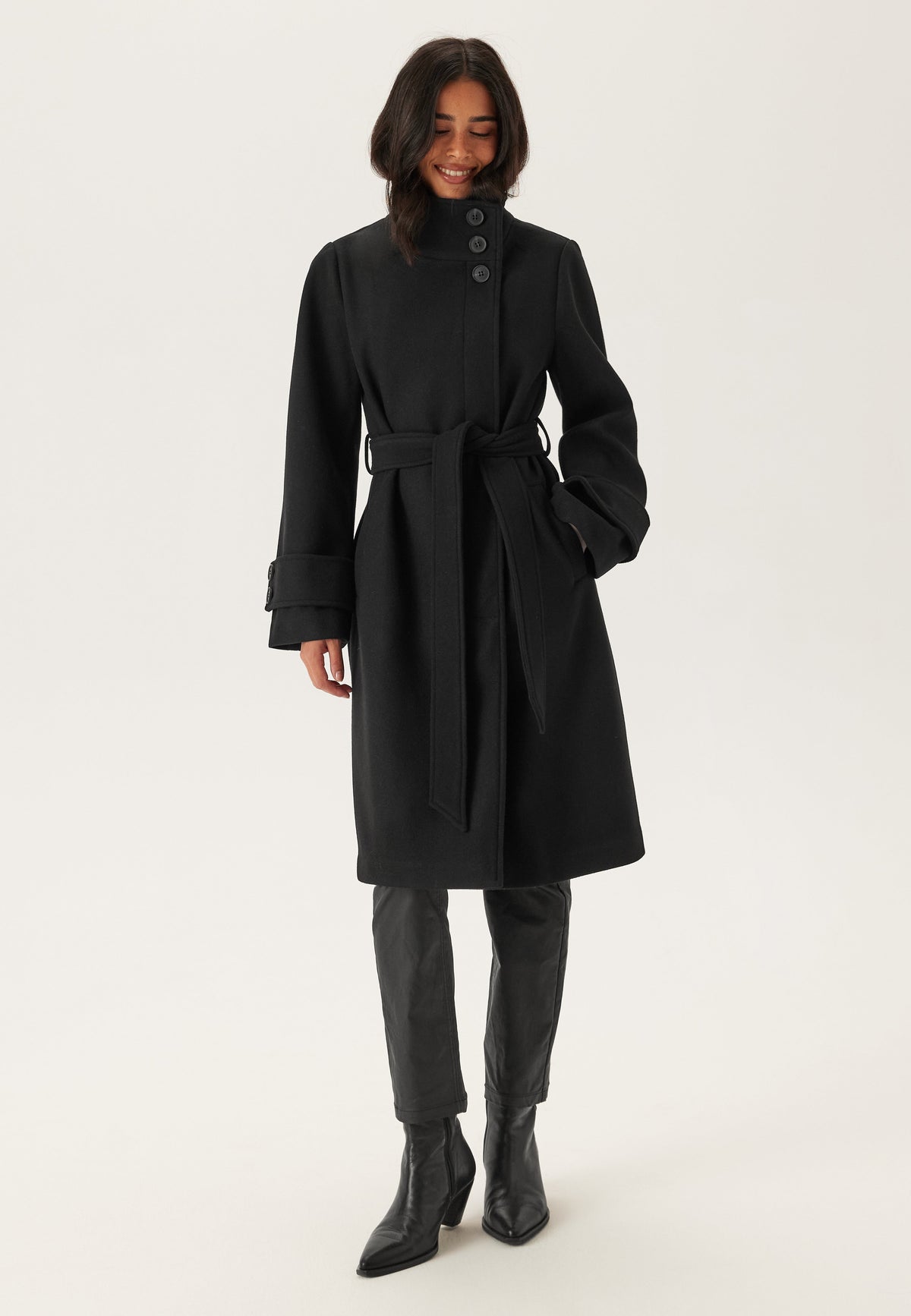 Black Belted Funnel Neck Wool Coat
