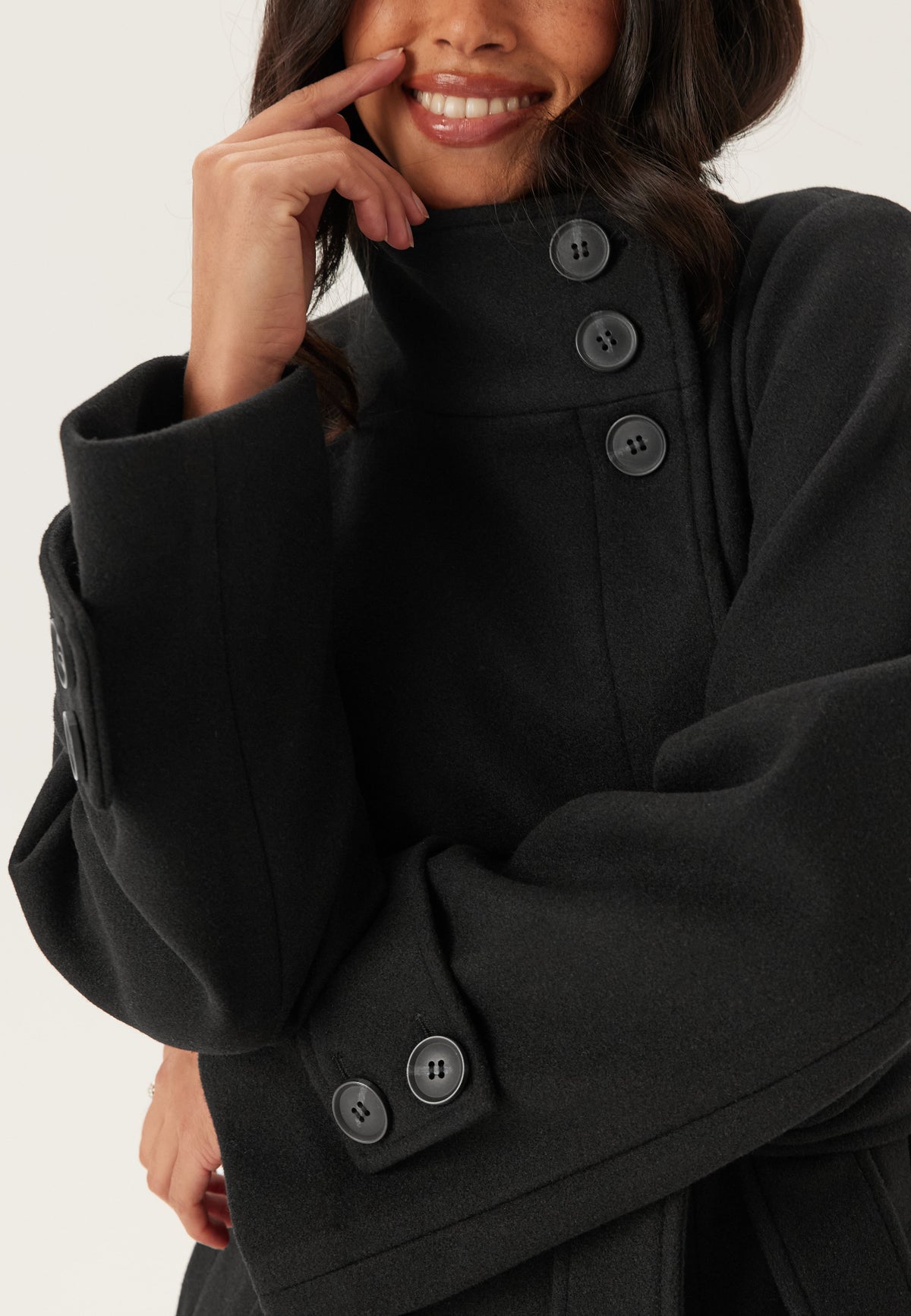 Black Belted Funnel Neck Wool Coat