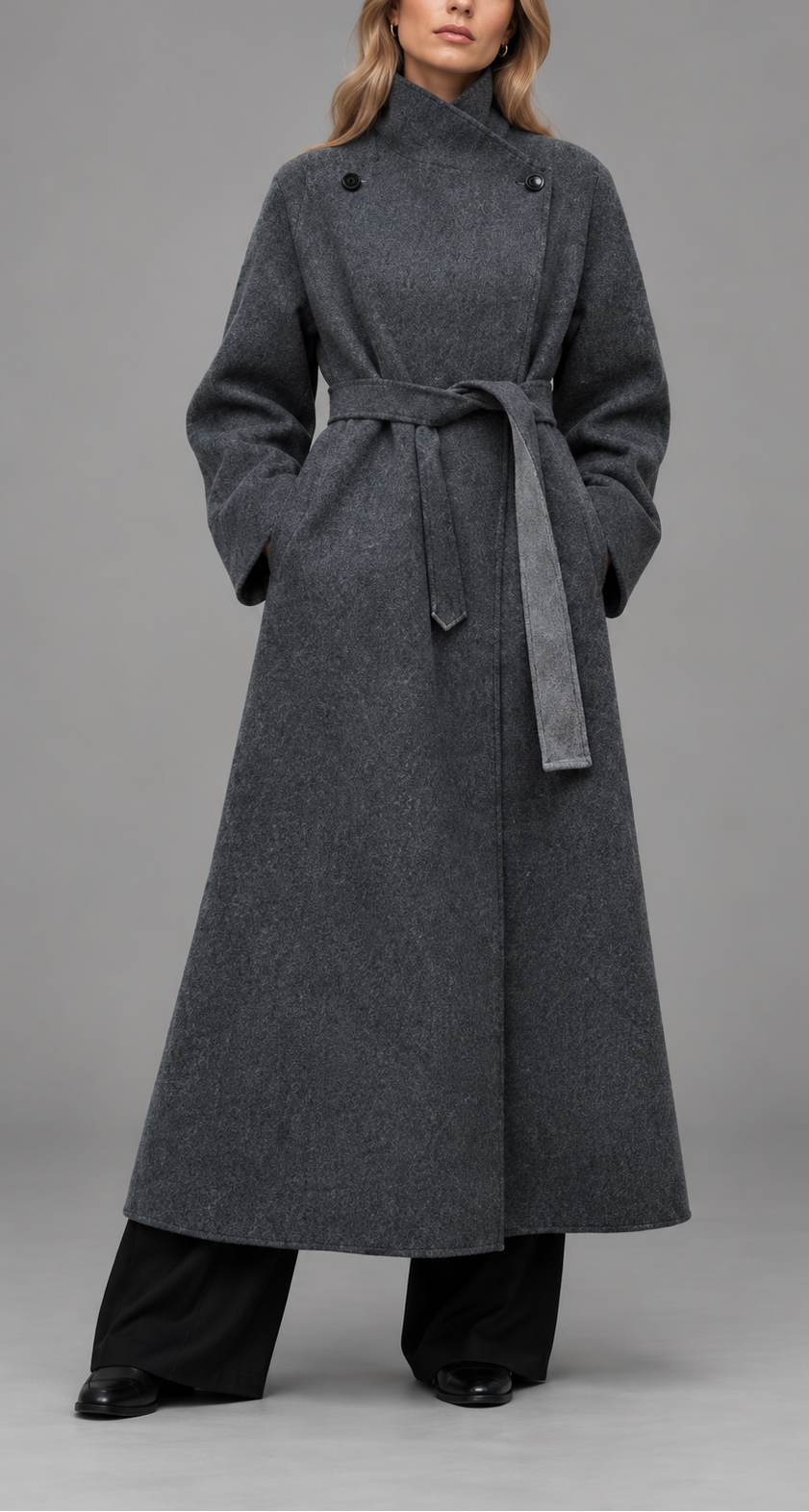 Grey Longline Belted Wool Coat